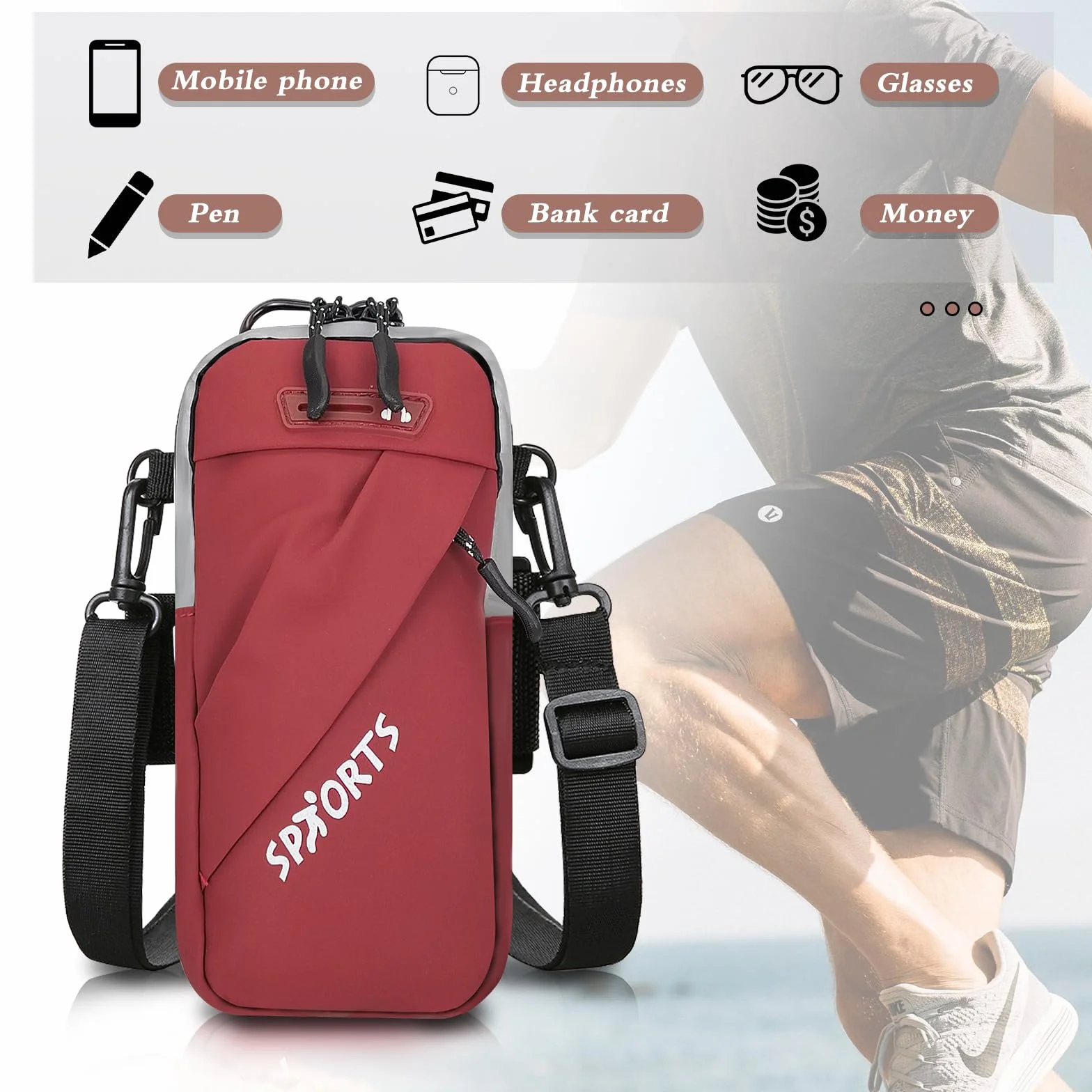 Sportowa bransoletka z kieszenią na słuchawki, etui na telefon komórkowy do zawieszenia na telefon komórkowy 6,5", bransoletka do biegania, z trzema możliwościami noszenia, akcesoria do