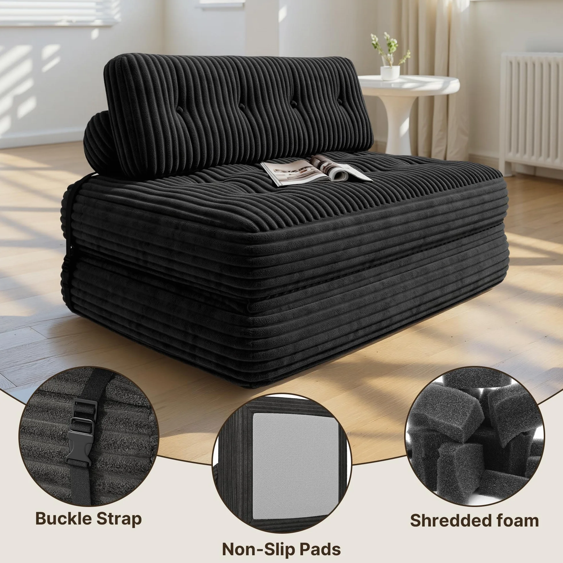 Xbro Składana sofa z funkcją spania 2 w 1, regulowane oparcie, materiał sztruksowy z pianki, 180 x 85 cm, zajmuje mało miejsca, czarna