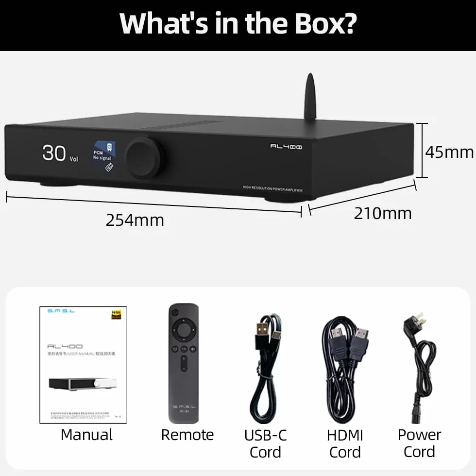 SMSL AL400 All-in-One Dekoder Hi-Fi, przedwzmacniacz, gramofon, wzmacniacz mocy TPA3255 amp i układ dac CS43141, Full MQA, MM i MC Cartridge HDMI (eARC), do telewizora, kina domowego, subwoofera