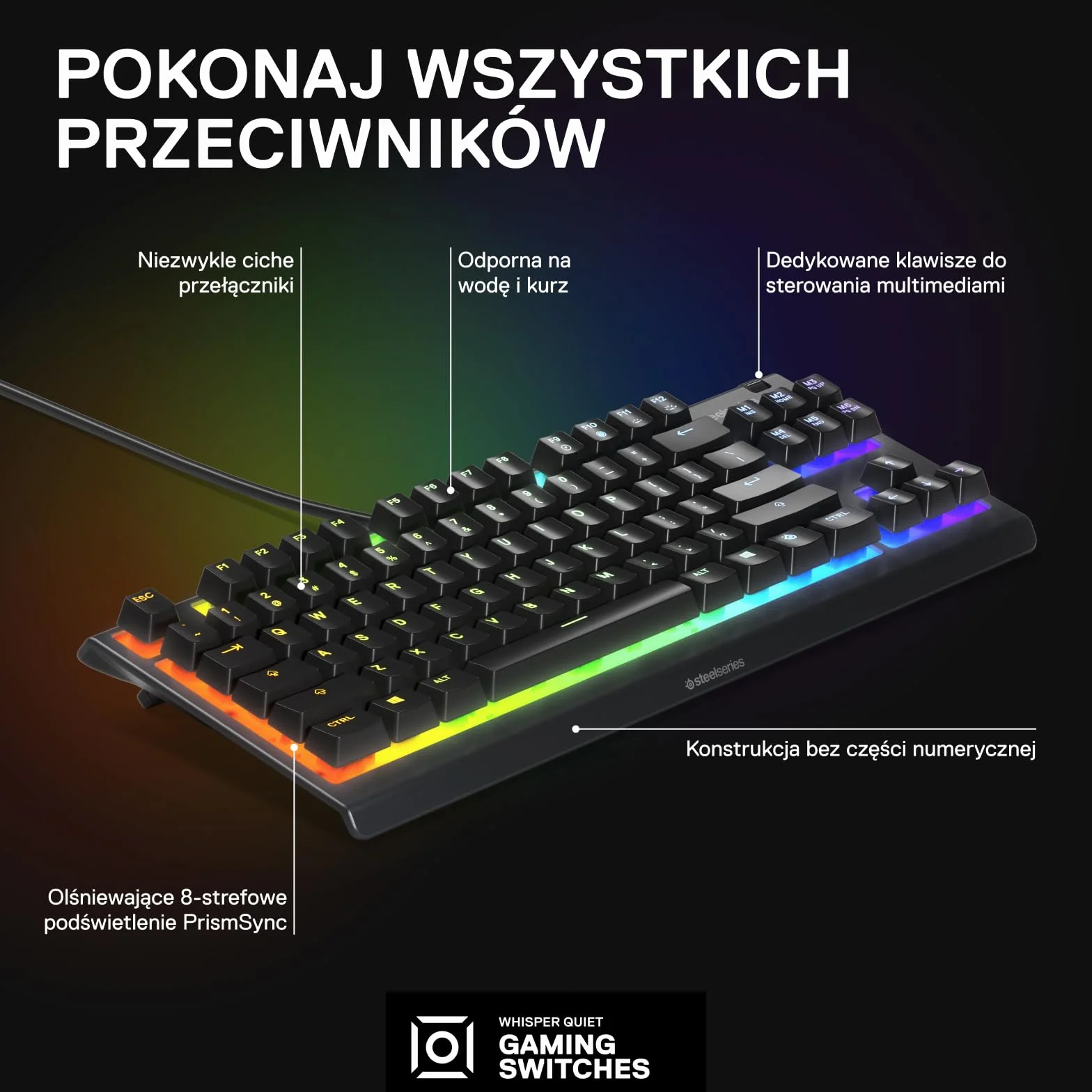 SteelSeries Apex 3 TKL - RGB Gaming Keyboard - Kompaktowa e-sportowa obudowa bez części numerycznej - 8-strefowe podświetlenie RGB - Amerykański układ QWERTY