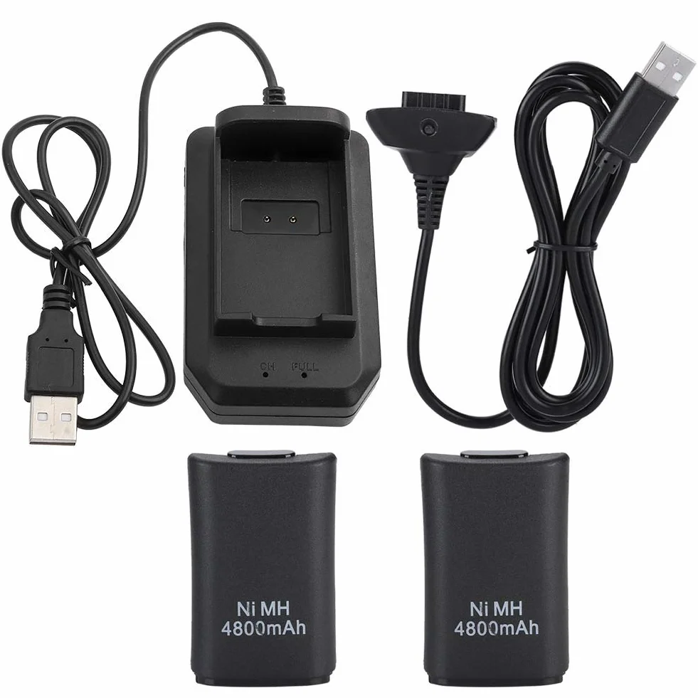 Xbox 360 zestaw akumulatorów do kontrolera, 2 x akumulatory NiMH 4800 mAh ze stacją ładującą, kablem do ładowania USB, 2 obudowy baterii, czarny
