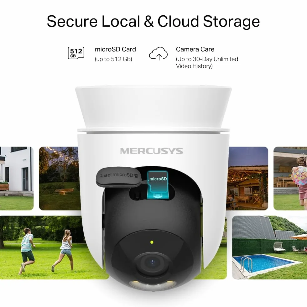 MERCUSYS MC510 Zewnętrzna kamera WiFi 2K 3 MP, kamera monitorująca 360°, kolorowy noktowizor, dwukierunkowy dźwięk, wykrywanie ruchu, alarm/powiadomienia, strefa prywatności, obsługuje 512 GB microSD