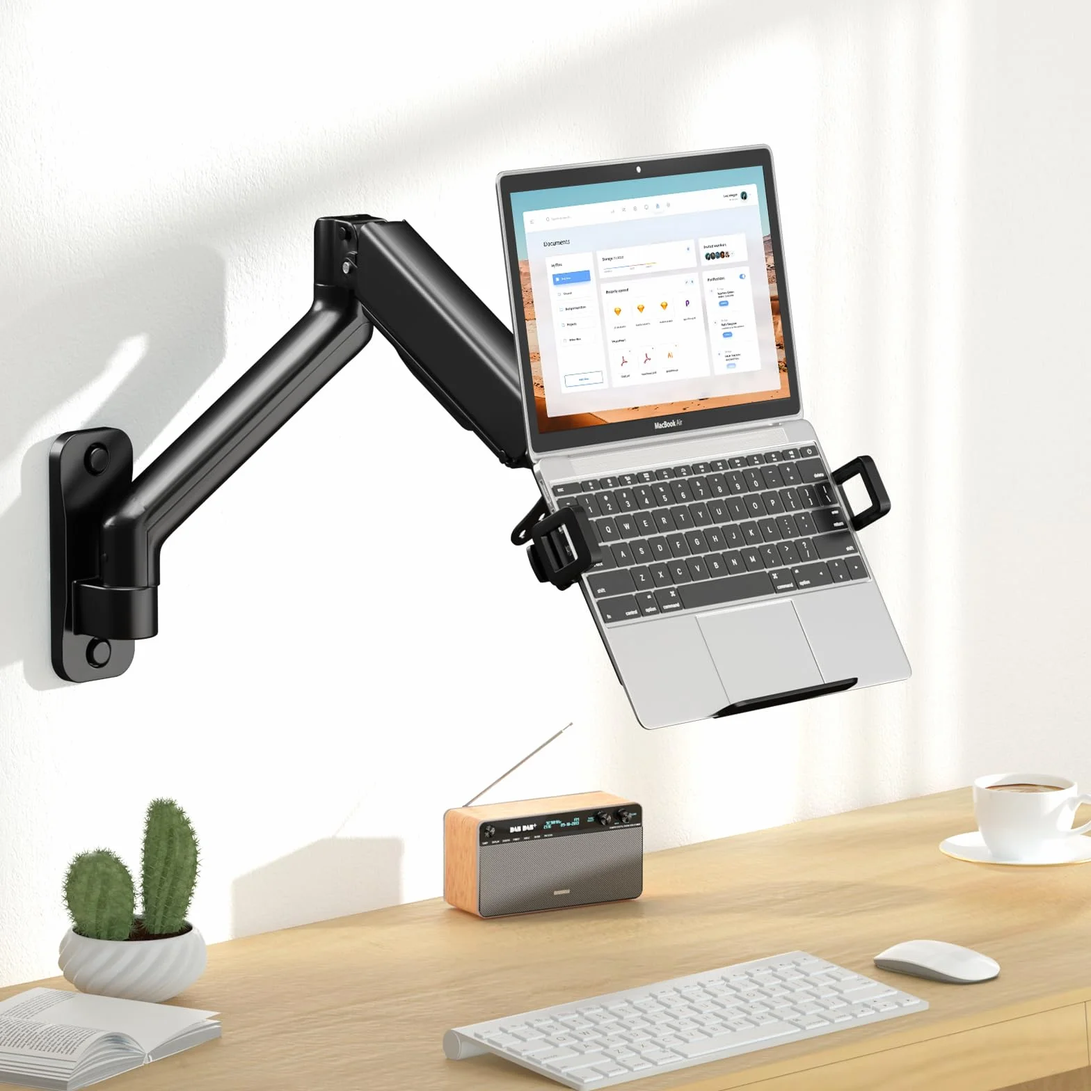 Uchwyt do monitora z ramieniem na laptopa, uchwyt ścienny wychylny do notebooka 12"-17", wentylowana platforma chłodząca, zarządzanie kablami, obciążenie 1-9 kg, VESA 75/100 mm