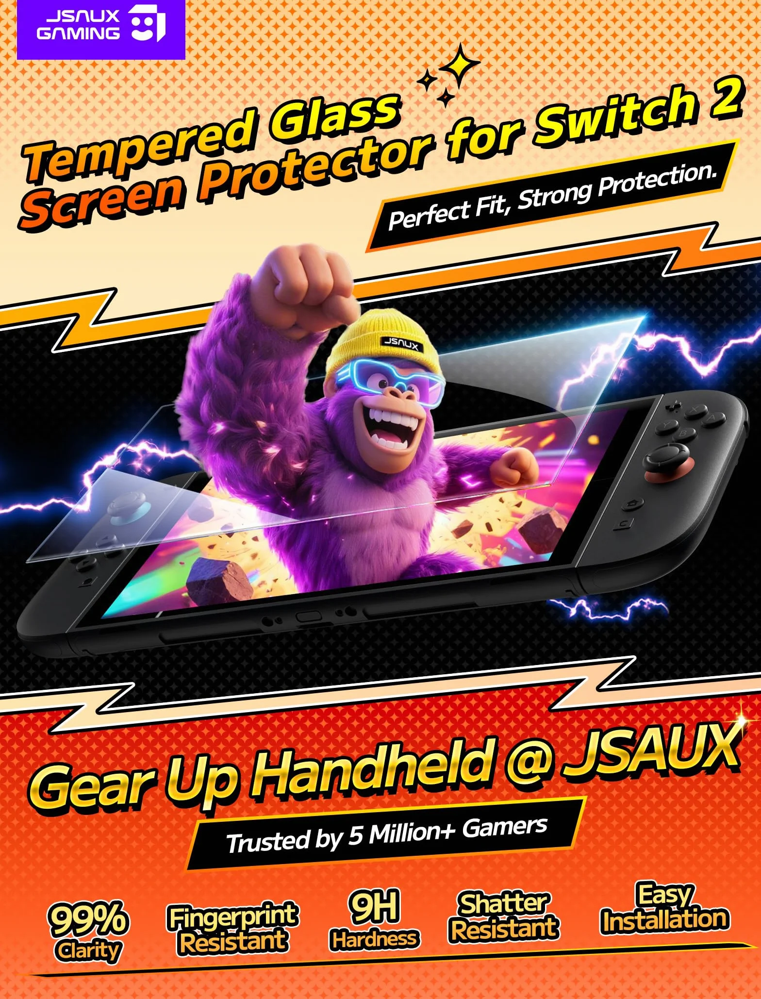 JSAUX 3-pak ochraniaczy ekranu kompatybilny z Nintendo Switch 2, szkło ochronne Ultra HD, twardość 9H, łatwy w instalacji, z ramką prowadzącą, odporne na zarysowania szkło hartowane