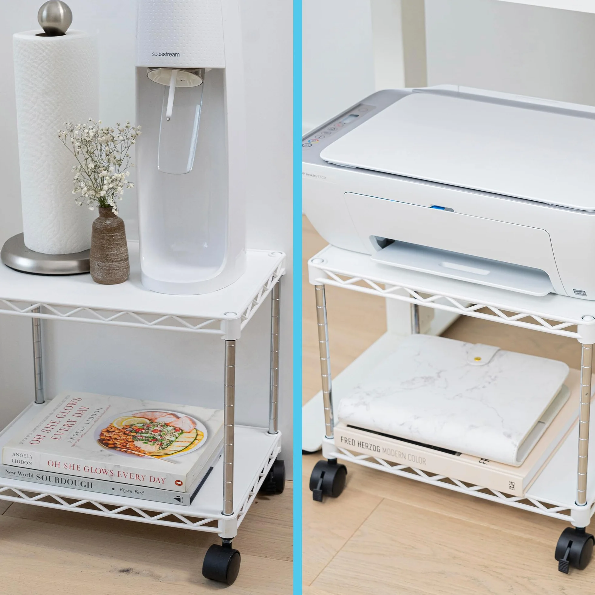 Stojak na drukarkę, mini, biały, 38 cm x 27 cm, przenośny stojak na urządzenia elektroniczne do małych przestrzeni, pojemność 18 kg, wózek na kółkach z kółkami, stojak na drukarkę domową,