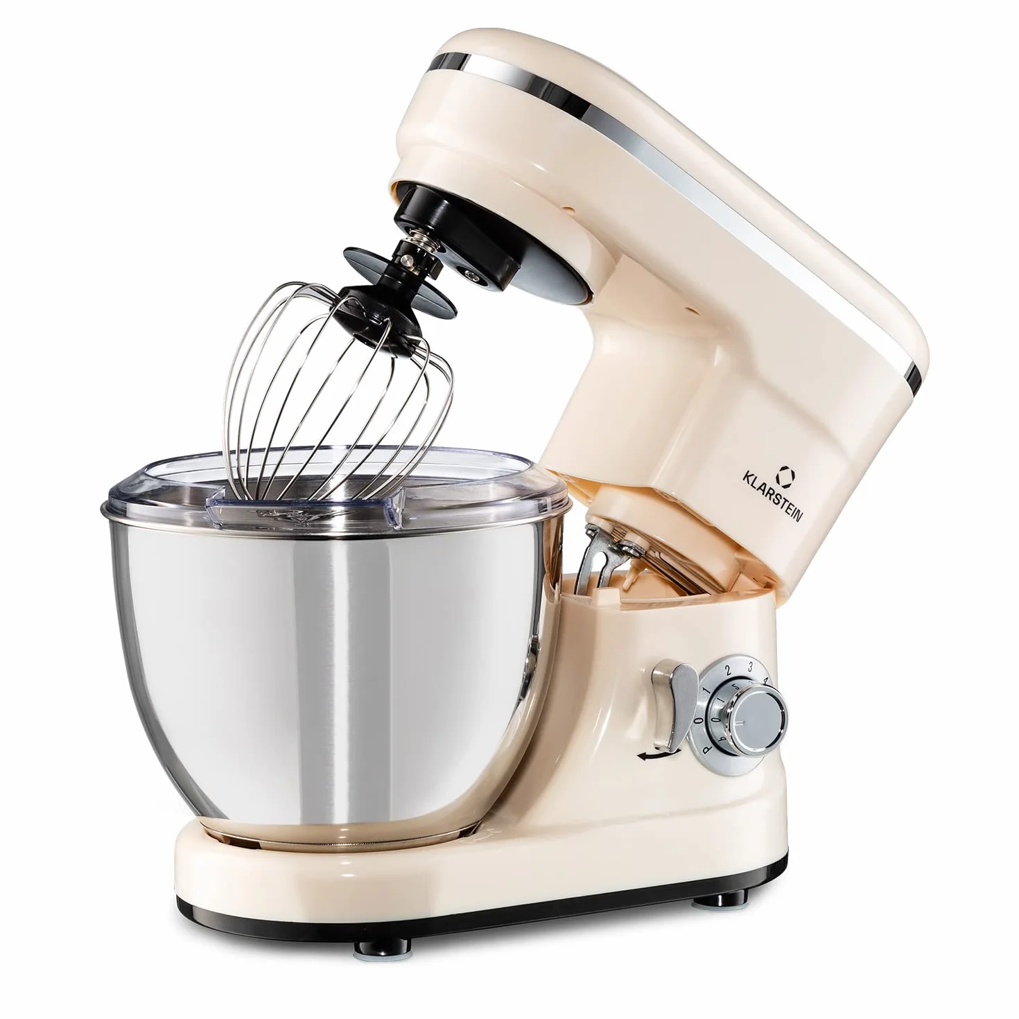 Klarstein Bella Mini robot kuchenny - moc 1200 W, z 6-stopniową skalą prędkości, ze stali nierdzewnej, funkcja pulsacyjna, planetarny system mieszania, 3 nasadki z zestawie, kremowy