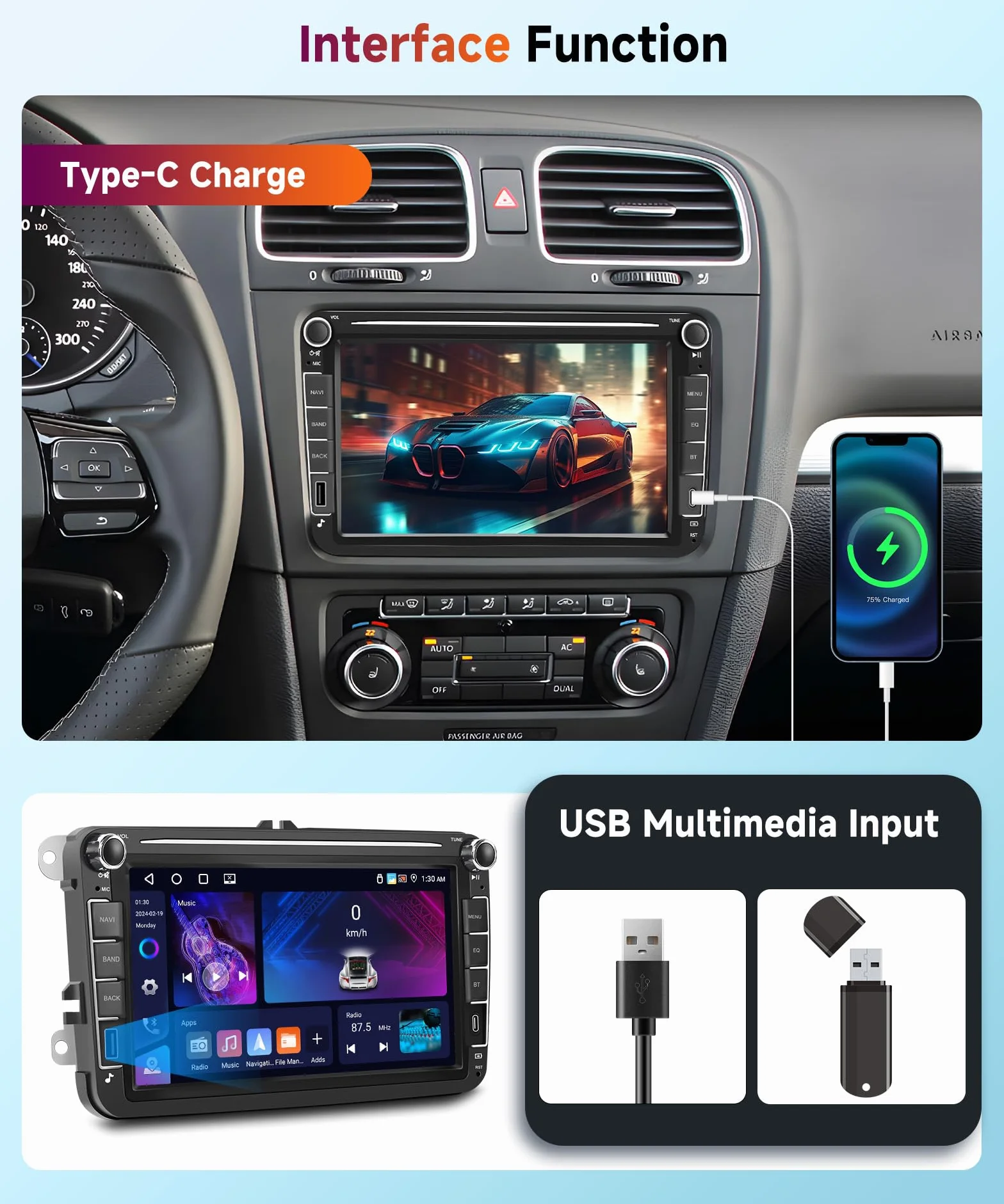 Radio samochodowe Hodozzy Carplay do VW Passat Golf Seat Altea Skoda Octavia z USB/USB C/nawigacją, 8 cali VW radio samochodowe Bluetooth z systemem Android Auto/Mirror Link/32 EQ/FM/RDS/SWC/WiFi +