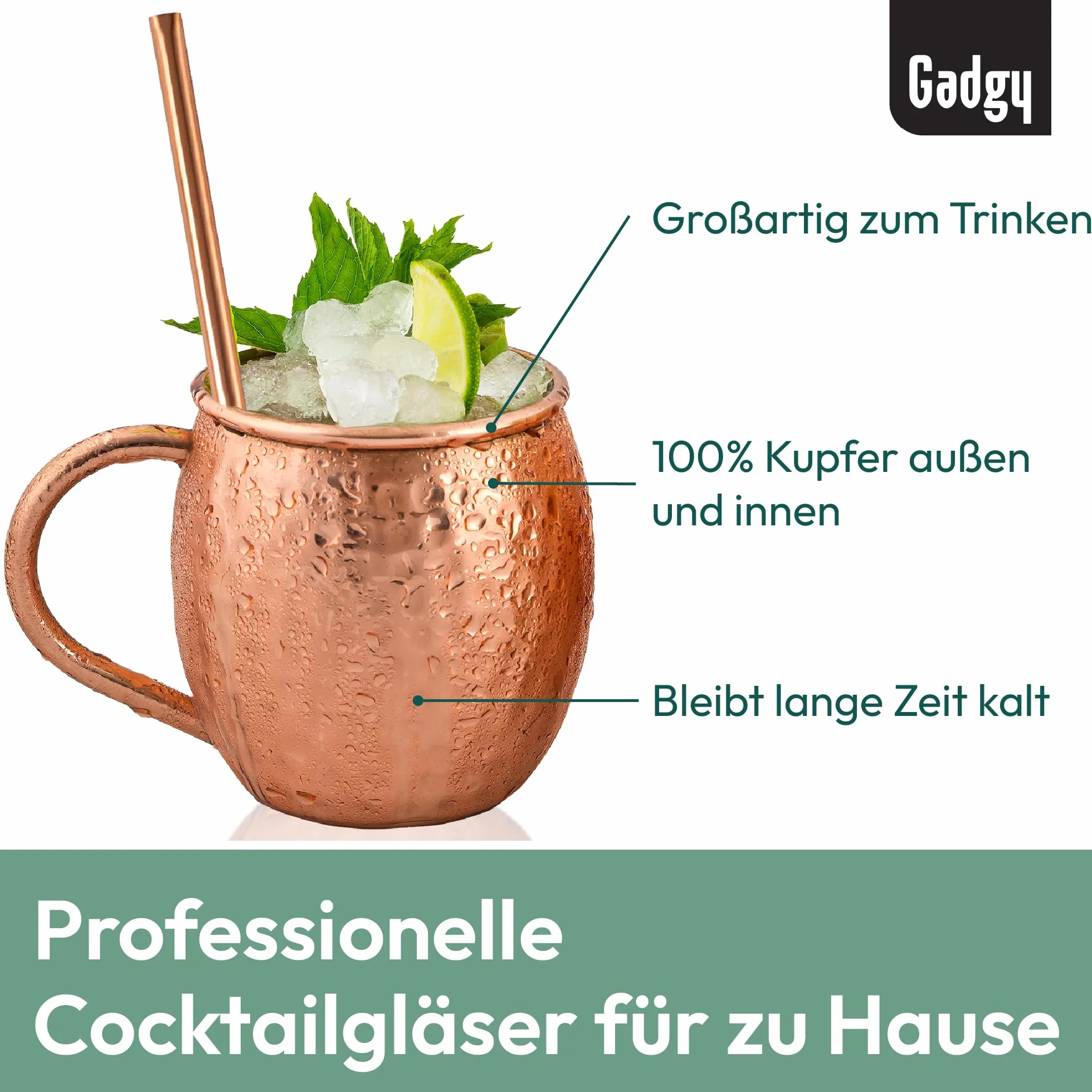 Gadgy Zestaw Szklanek Moscow Mule 4 Kubki Miedź Ręcznie Wykonane Słomki Miarka