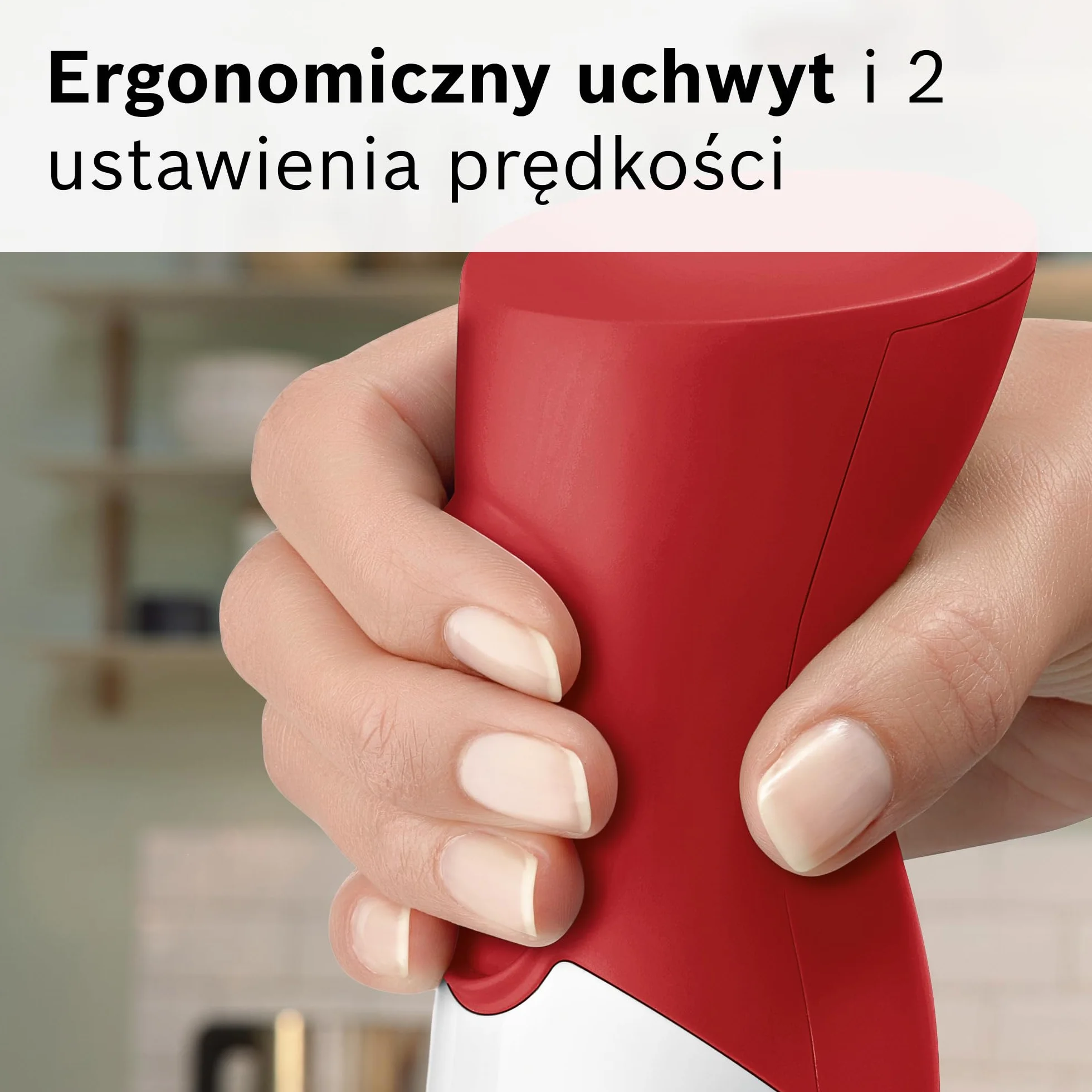 Bosch, blender ręczny, ErgoMixx, silnik 450 W, 2 ustawienia prędkości, rozdrabniacz, trzepaczka i pojemnik, biało-czerwony, MSM64110