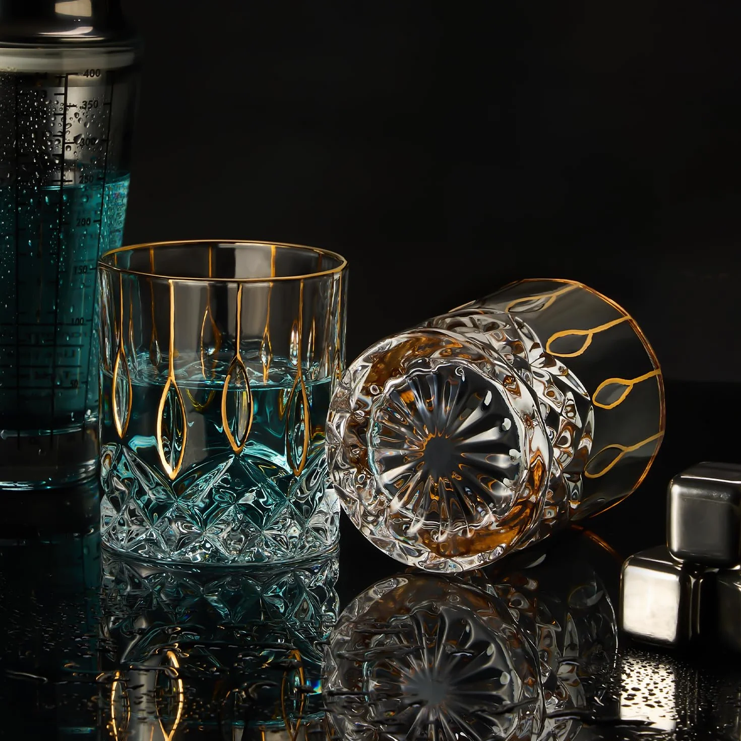 GLASKEY Zestaw 2 Szklanki do Whisky 320 ml Staromodne Kieliszki ze Złotym Rantem