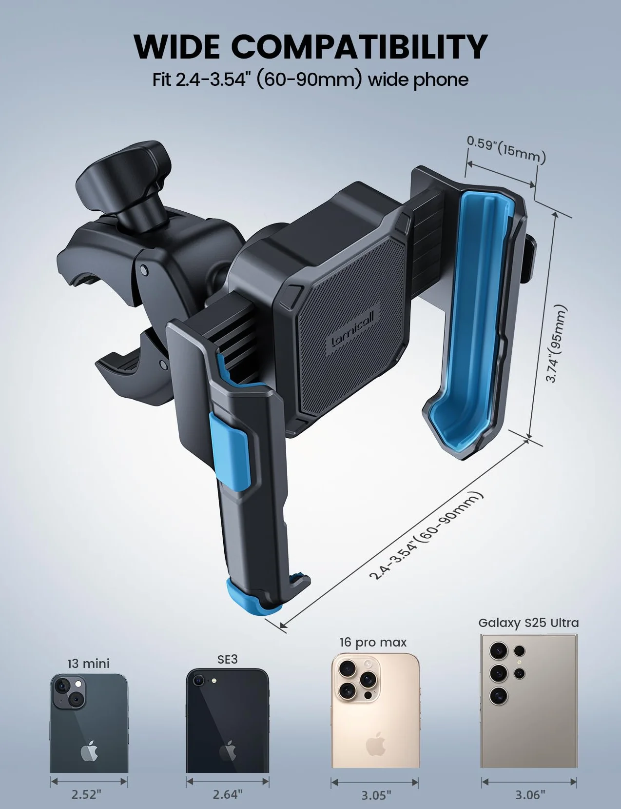 Lamicall Uchwyt na telefon do motocykla - 【1s szybkie odejmowanie】 Uniwersalny uchwyt motocyklowy na telefon, uchwyt rowerowy na kierownicę do iPhone 16 15 14 13 serie, S25 S24 Ultra - Niebieski