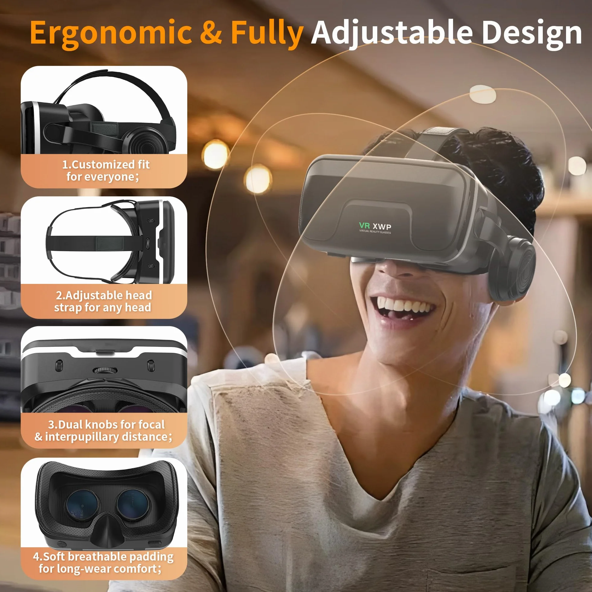 XWP Zestaw słuchawkowy VR ze słuchawkami, okulary wirtualnej rzeczywistości 3D z soczewkami HD Anti-Blue Light, kompatybilny z iPhone i Android 11.9-18.3 cm, wciągające do gier, filmów i zabawy