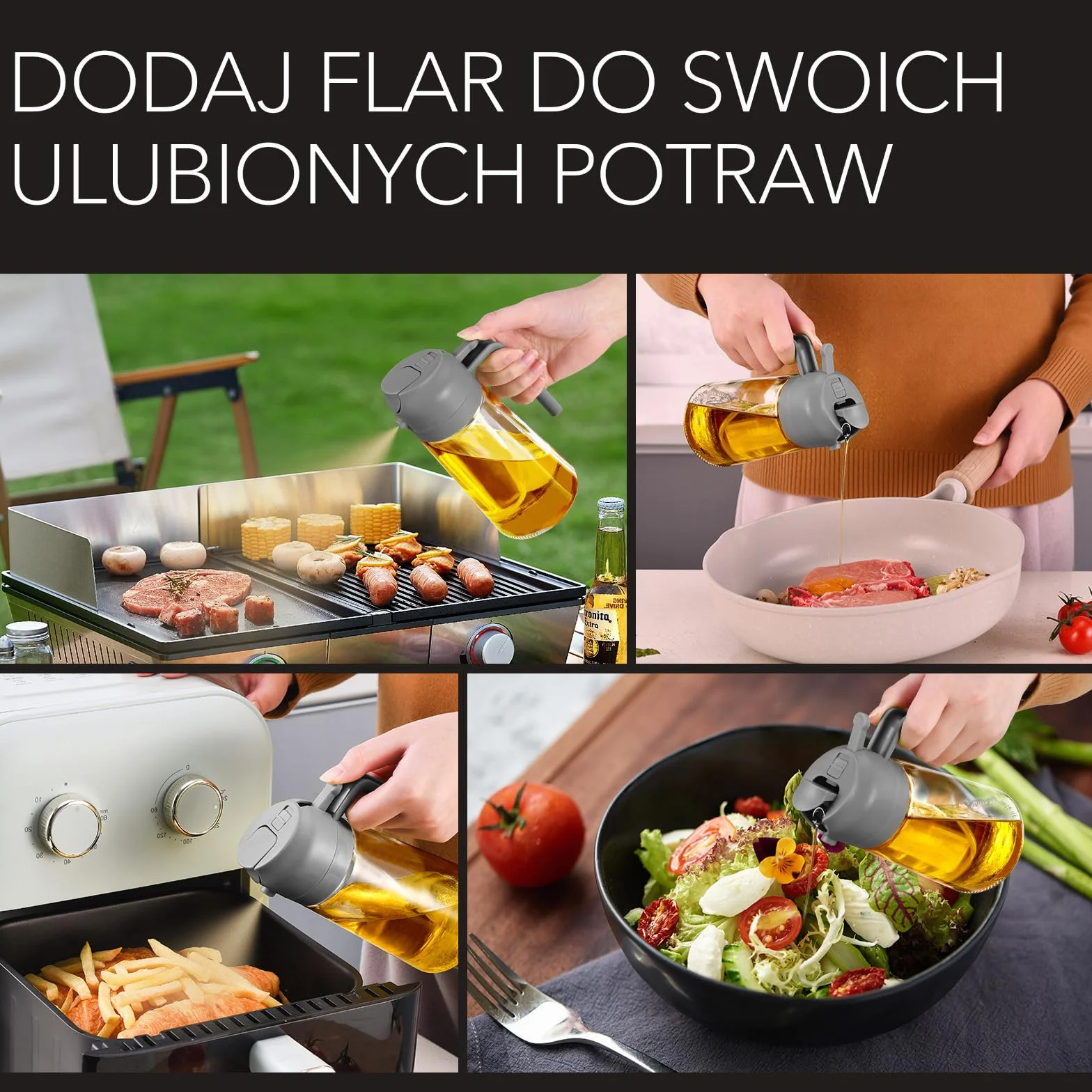 YARRAMATE 2 w 1 rozpylacz oleju jadalnego, butelka z rozpylaczem 470 ml, nadaje się do kontaktu z żywnością, spray na olej do gotowania, wysokiej jakości rozpylacz oleju do kuchni (05_szary)