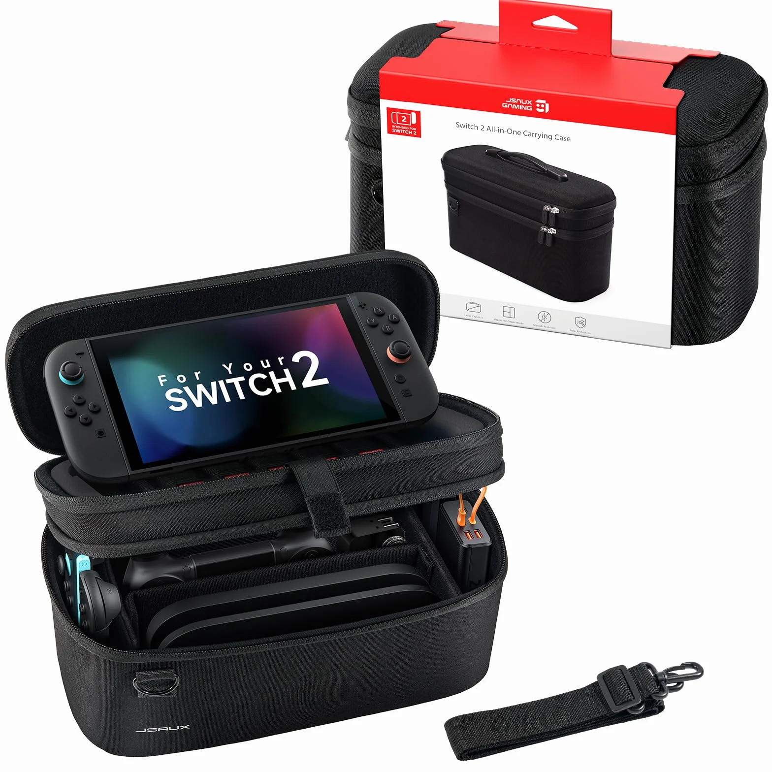 JSAUX Etui All-in-One kompatybilny z Nintendo Switch 2, przenośne etui na konsolę, stację dokującą, kontrolery i akcesoria, powłoka ochronna Kompatybilne, duża pojemność – czarne