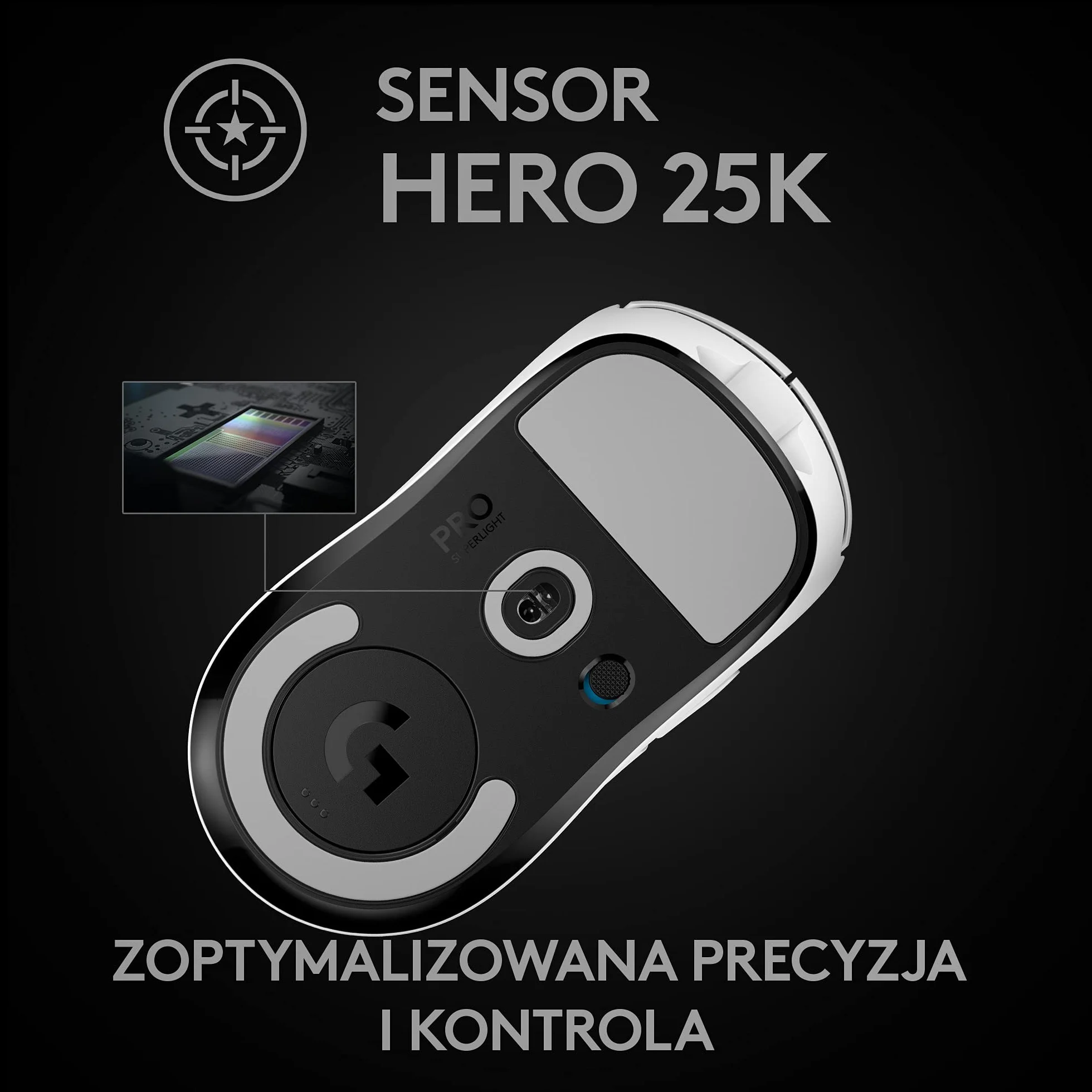 Logitech G PRO X SUPERLIGHT bezprzewodowa mysz gamingowa z czujnikiem HERO 25K, bardzo lekka 63 g, 5 programowalnych przycisków, czas pracy baterii 70 godzin, Zero Additive PTFE Feet, PC/Mac - biała