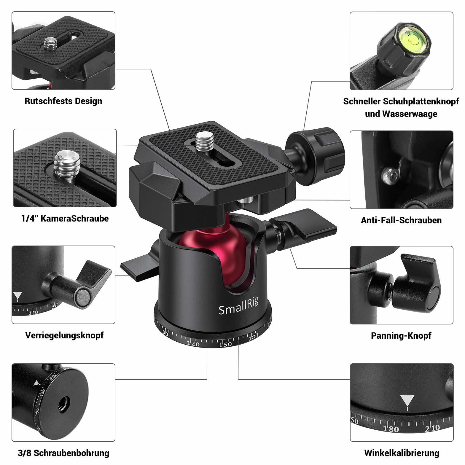 SMALLRIG Mini Ball Head, Tripod Head Camera 360° Panoramic Obrotowa Głowica Kulowa 3/8" z Płytą Szybkośrubową 1/4" Obciążenie Statywu i Kamery, Monopod, dla Gopro, Phone, Max Load 4.4lbs - BUT2665