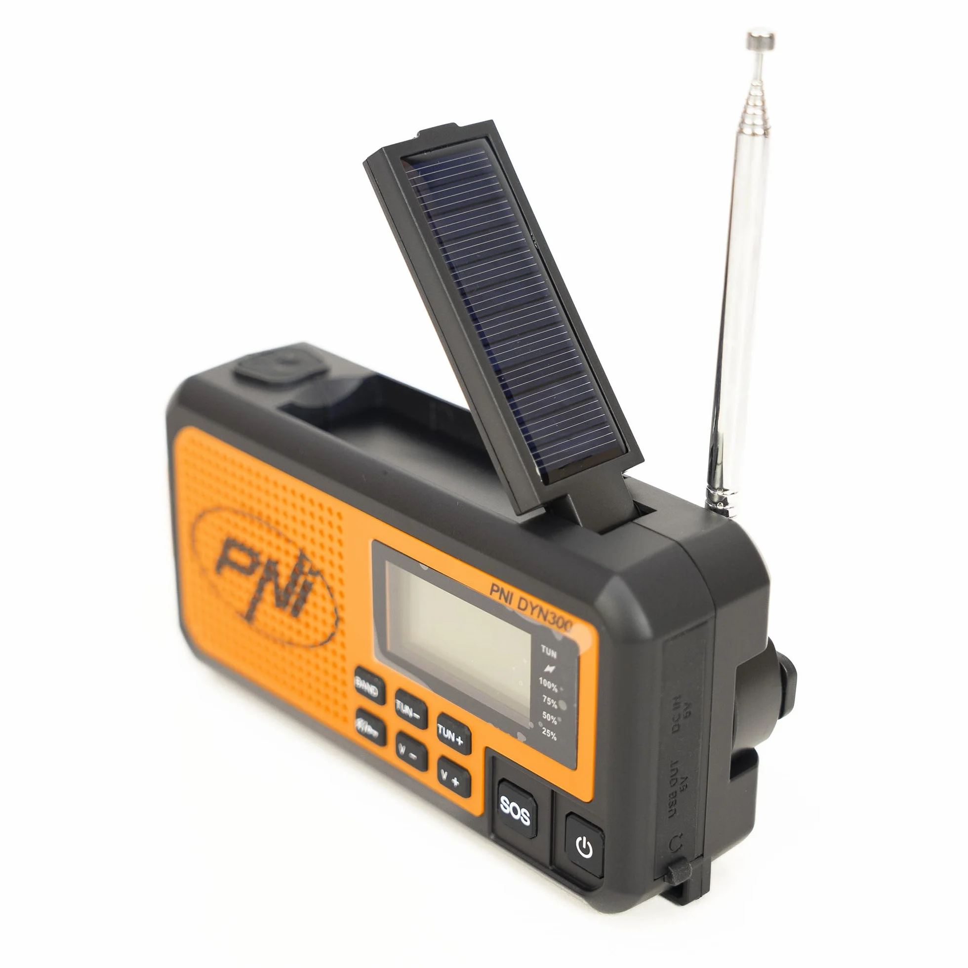 PNI DYN300 przenośne radio z dynamo, ładowanie słoneczne, latarka, power bank 4000 mAh, SOS, IPX3, pomarańczowe