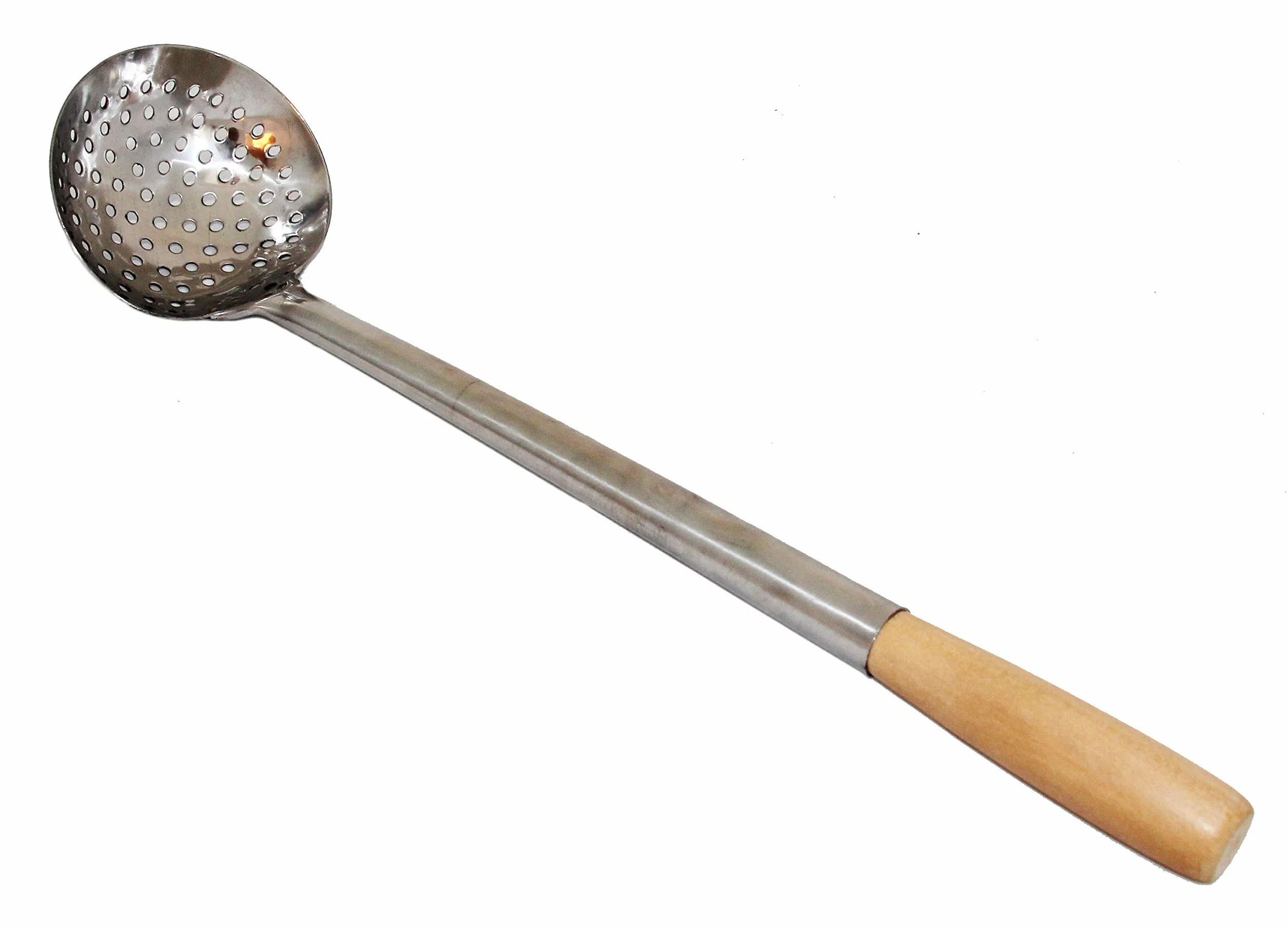 Stabilna łyżka cedzakowa, głęboka 49-50 cm długości, Ø 12,6 cm, chochla do zupy, duża drewniana rączka