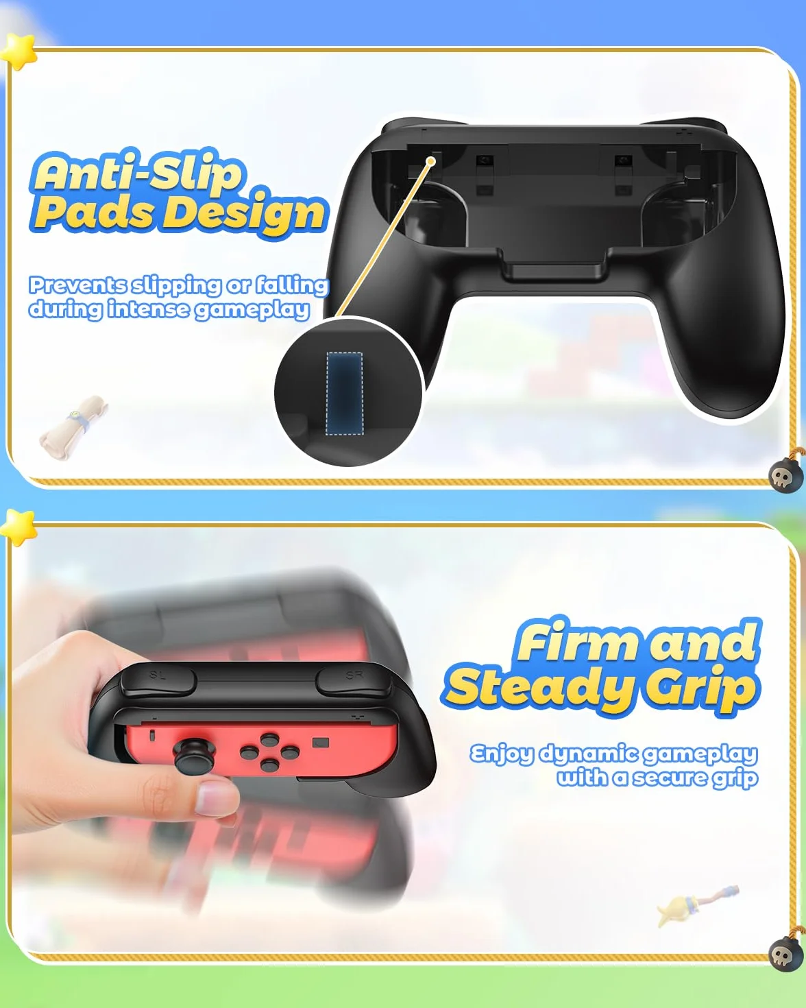 FYOUNG Uchwyt na uchwyty kompatybilny z Joy Con dla Switch & OLED Model, wygodny uchwyt do kontrolera - czarny (2 sztuki)