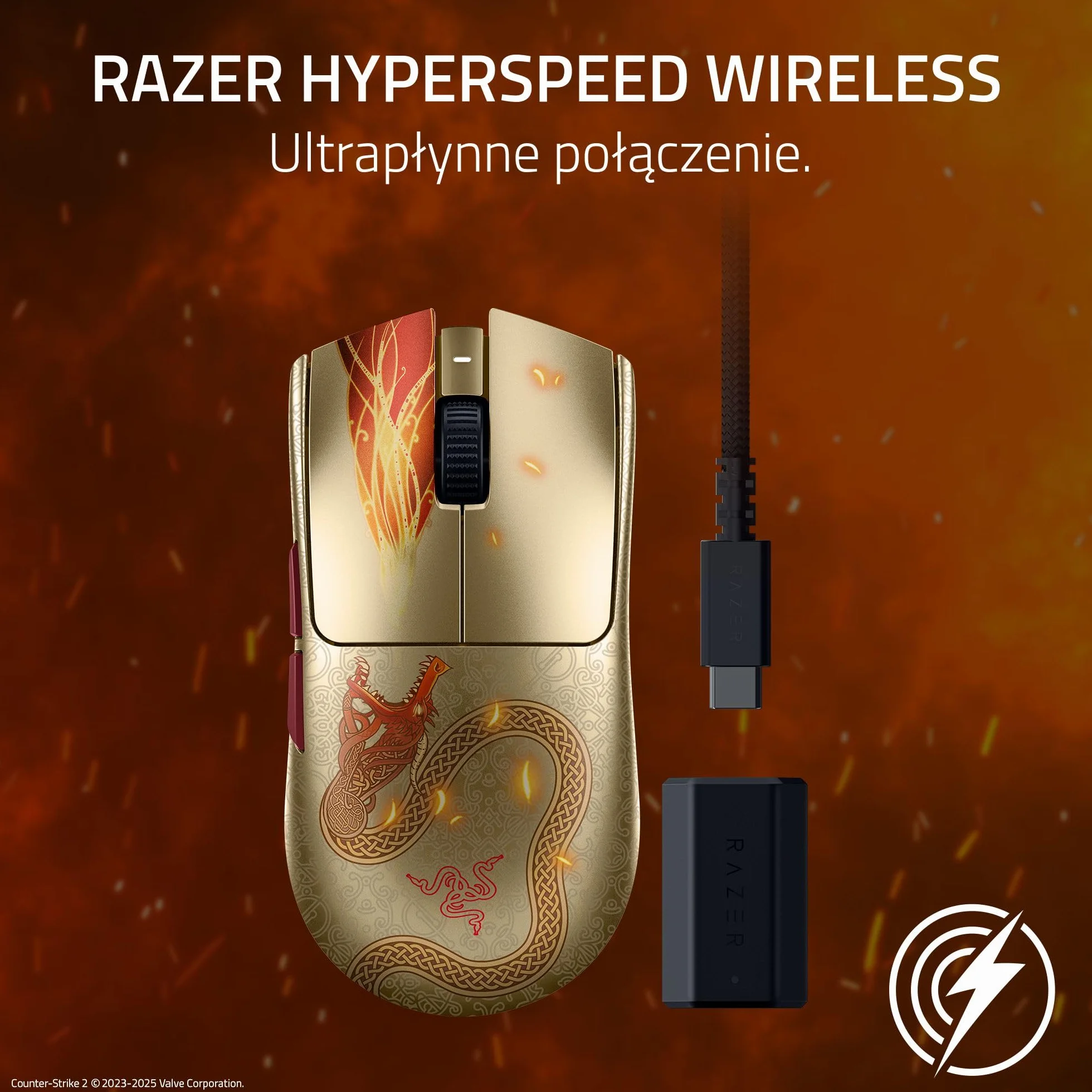 Razer Viper V3 Pro Counter-Strike 2 Dragon Lore - Ultralekka bezprzewodowa mysz do e-sportu - 55g - 8K HyperPolling - Czujnik Focus Pro 35K DPI - 2,4 GHz HyperSpeed - 95 godzin - PC/Mac | Dragon Lore