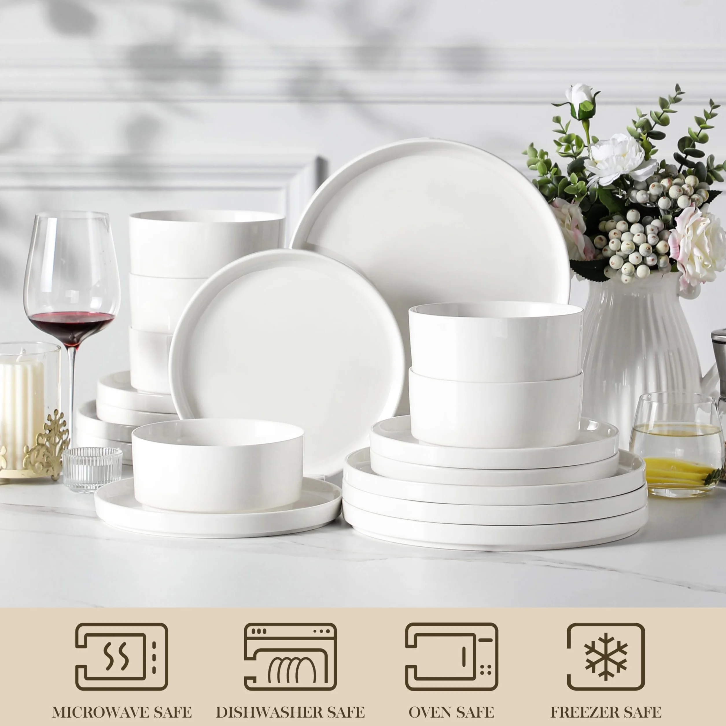 MALACASA Zestaw obiadowy dla 6 osób, 18-częściowy porcelanowy zestaw obiadowy - talerze, miski, talerze sałatkowe, miski na płatki - biała seria Leah