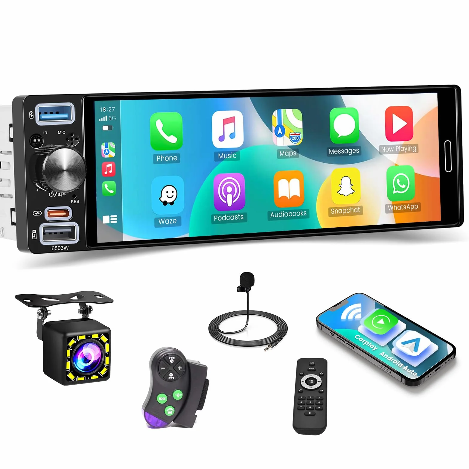 Radio samochodowe 1Din Roinvou z funkcją Carplay i Android Auto, ekran dotykowy Incell IPS 6,5", 1 DIN radio Bluetooth z kolorowym podświetleniem, EQ, AM/FM/RDS, porty USB/Type-C + kamera cofania