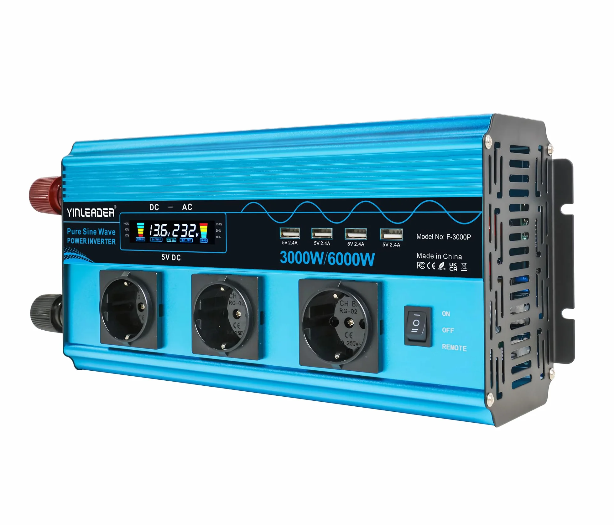 Przetwornica napięcia, 3000 W/6000 W, czysta sinusoida, 12 V, 230 V, z 3 europejskimi gniazdami i 4 portami USB, wyświetlacz LCD