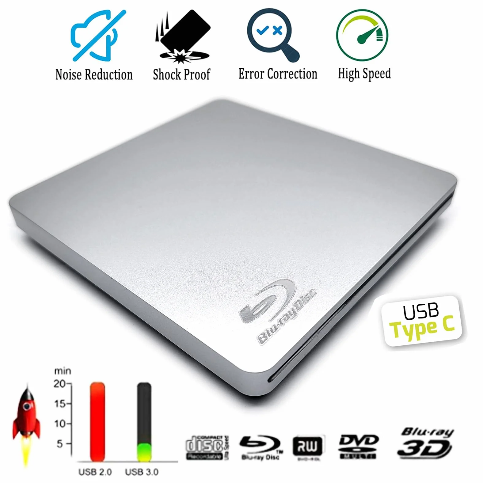 Zewnętrzny napęd USB-C USB Superdrive do Mac, odtwarzacza Blu-ray CD DVD BD, do Apple MacBook Air M1 M2 M3 15 13 2020 2018 2017 2022 2019 2024 laptop, 6X BD-RE DL 8X DVD+-RW Writer napęd optyczny