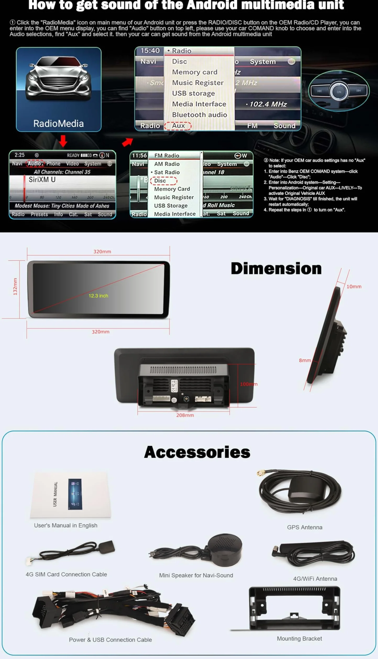 12,3" Android 14 Snapdragon CPU 8GB 128GB, radio samochodowe z Bluetooth 5.1 do modeli Mercedes-Benz Klasa C W205, Klasa GLC X253 i C253 NTG 5.0, CarPlay, ekran 2K, WiFi, radio DSP OEM Comand