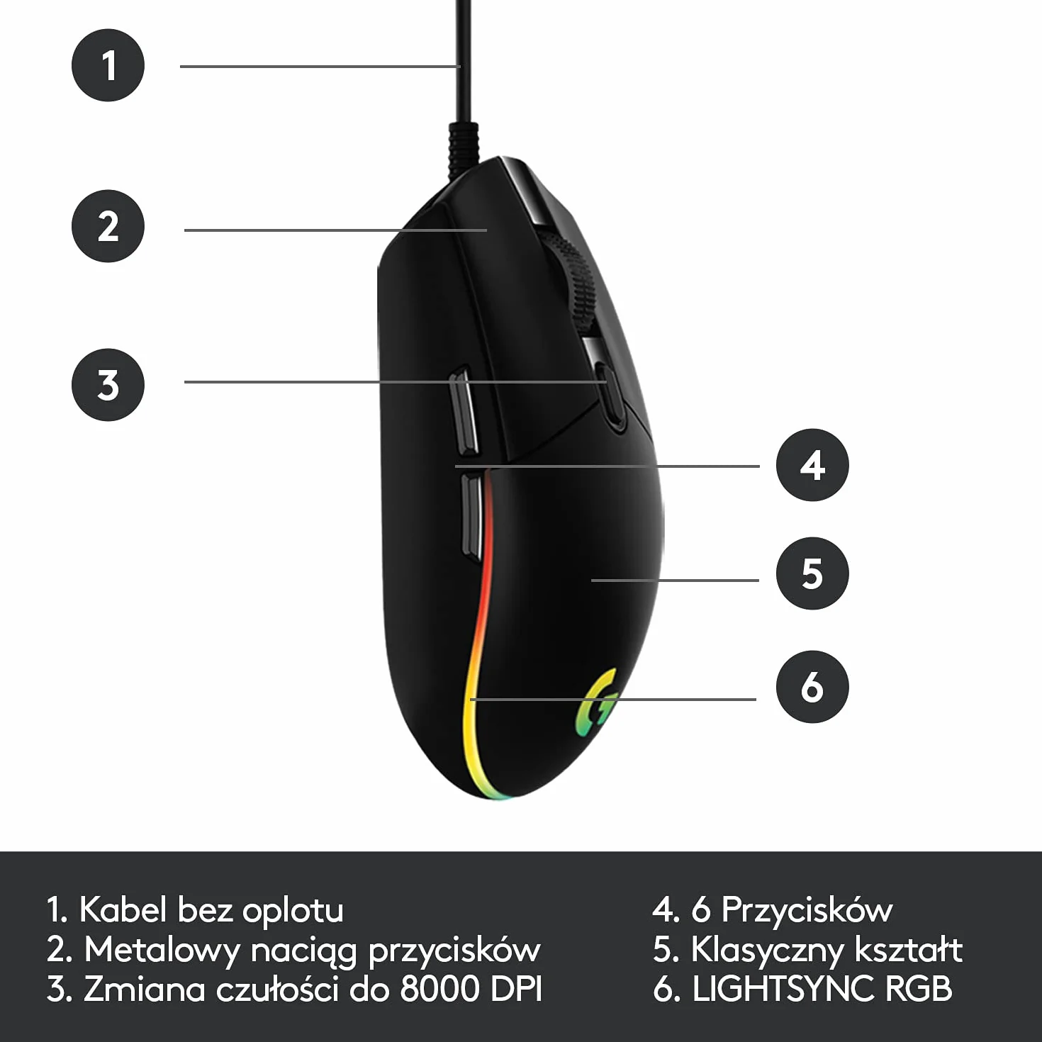 Logitech G102 Lightsync 910-005823, Mysz Komputerowa, Czarny/Żółty