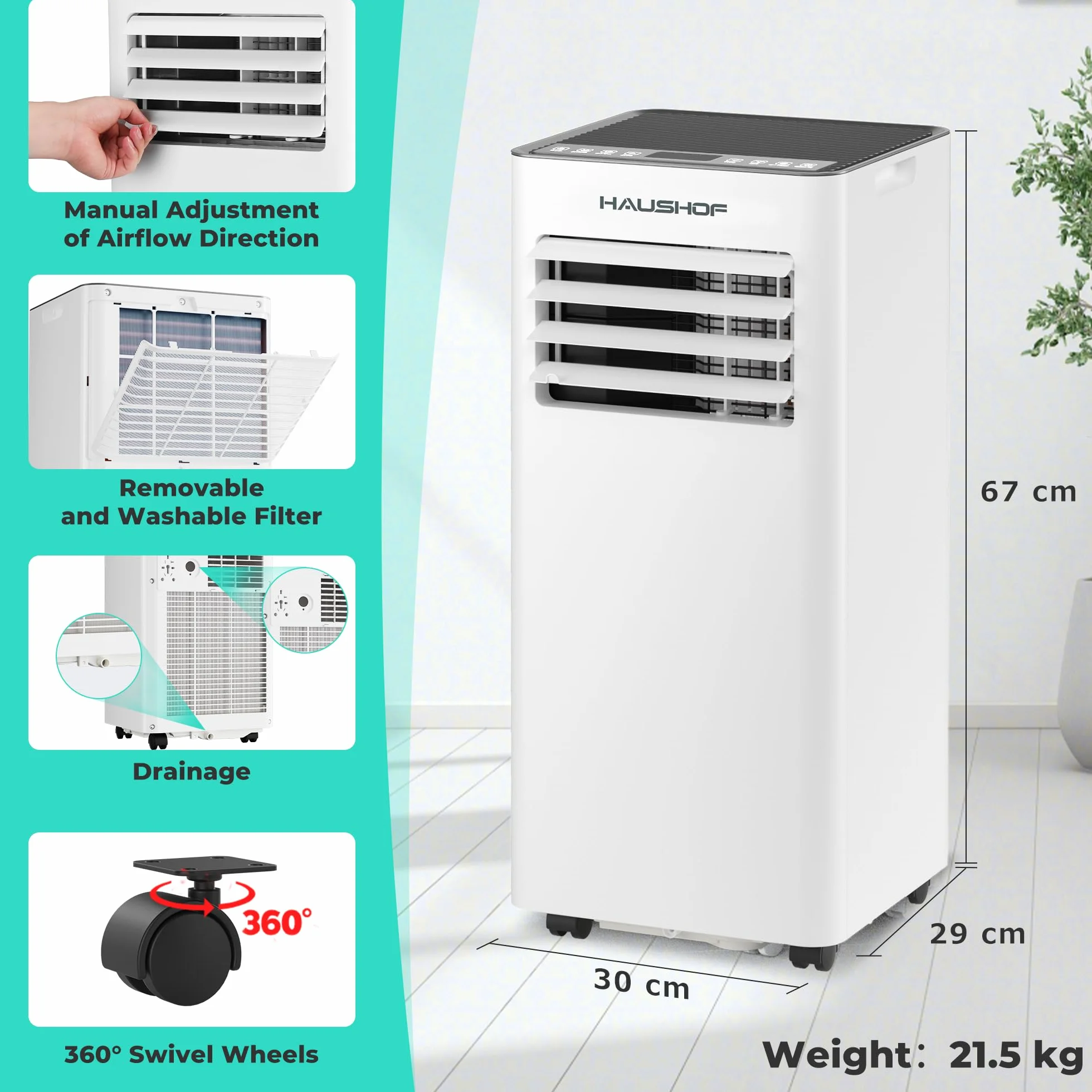 HAUSHOF klimatyzator mobilny 9000 BTU 4 w 1 chłodzenie osuszacz do 33 m²