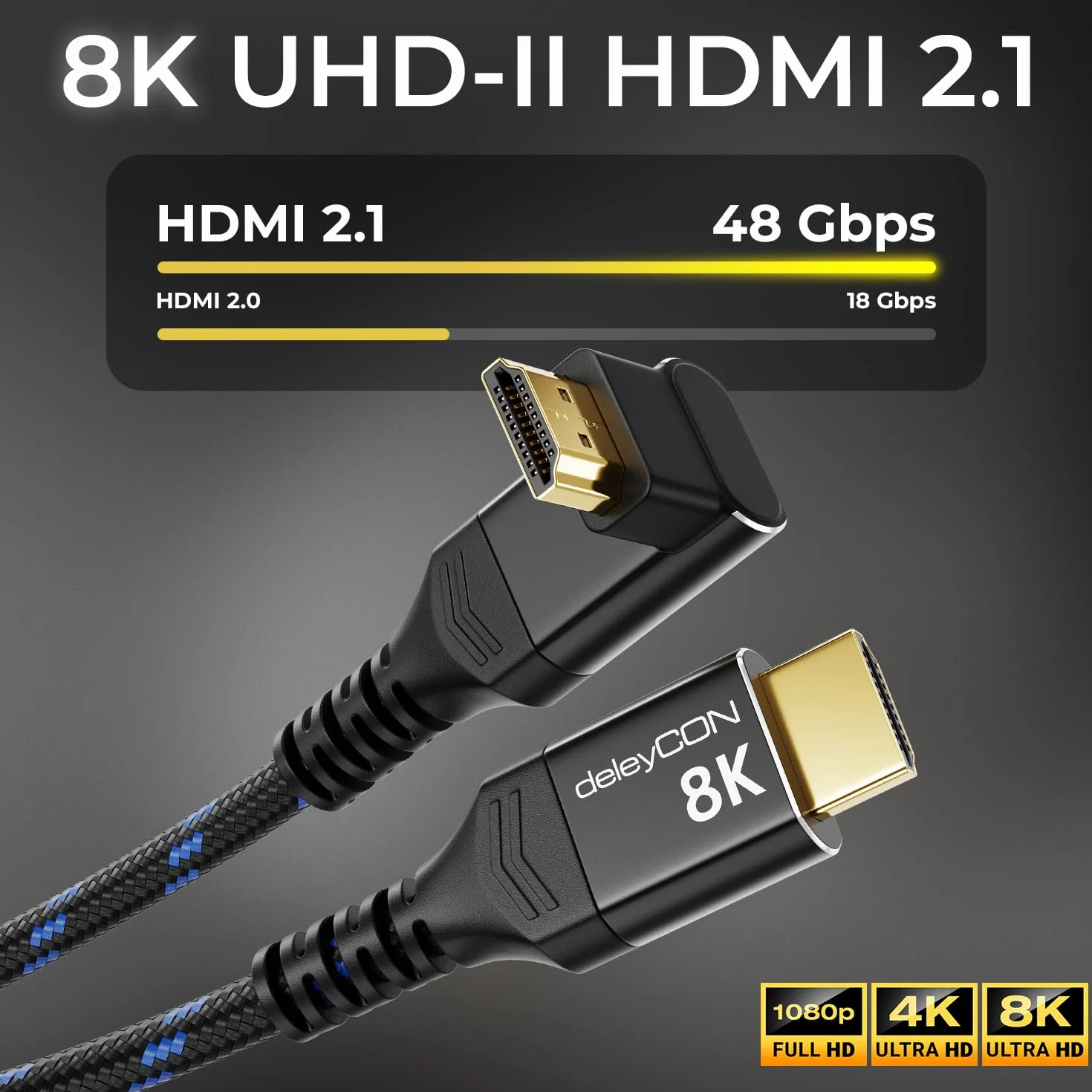 deleyCON 8K HDMI 2.1 Kabel 5m kątowy (Kąt 270° Stopni) do TV, Monitora, PS4, PS5, Dolby Atmos Soundbar EARC, HDR10+, Ultra High Speed Cable 48Gbps - 10K/8K@60Hz, 4K@120Hz/144Hz, 2K@240Hz
