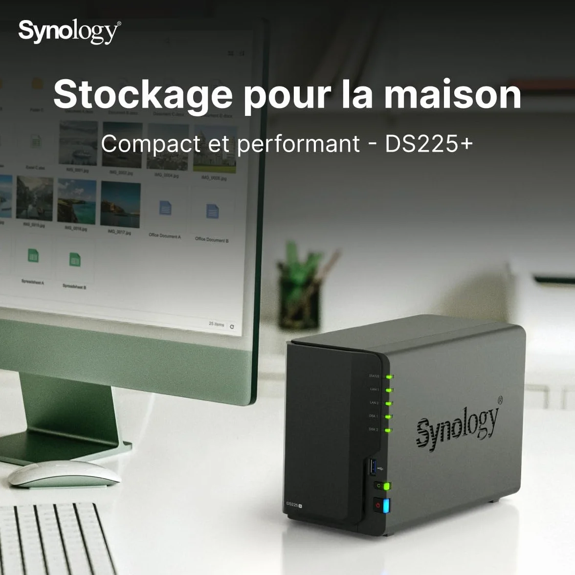 Synology DiskStation DS225+ 2-kieszeniowy 3,5" bezdyskowy procesor Intel Celeron, 2 GB pamięci RAM, 1 x 2,5 GbE, 1 x 1 GbE, 2 x USB 3.2