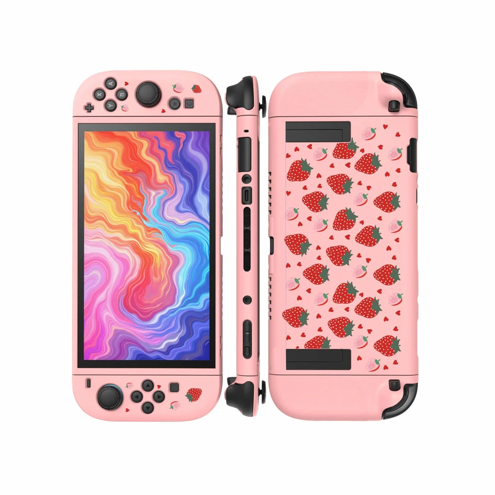 JEMDO Etui ochronne kompatybilne z Nintendo Switch 2 (2025) – odporne na uderzenia i ergonomiczne etui TPU z antypoślizgowym uchwytem, różowe wzornictwo z truskawkami – dla dziewcząt i fanów Kawaii