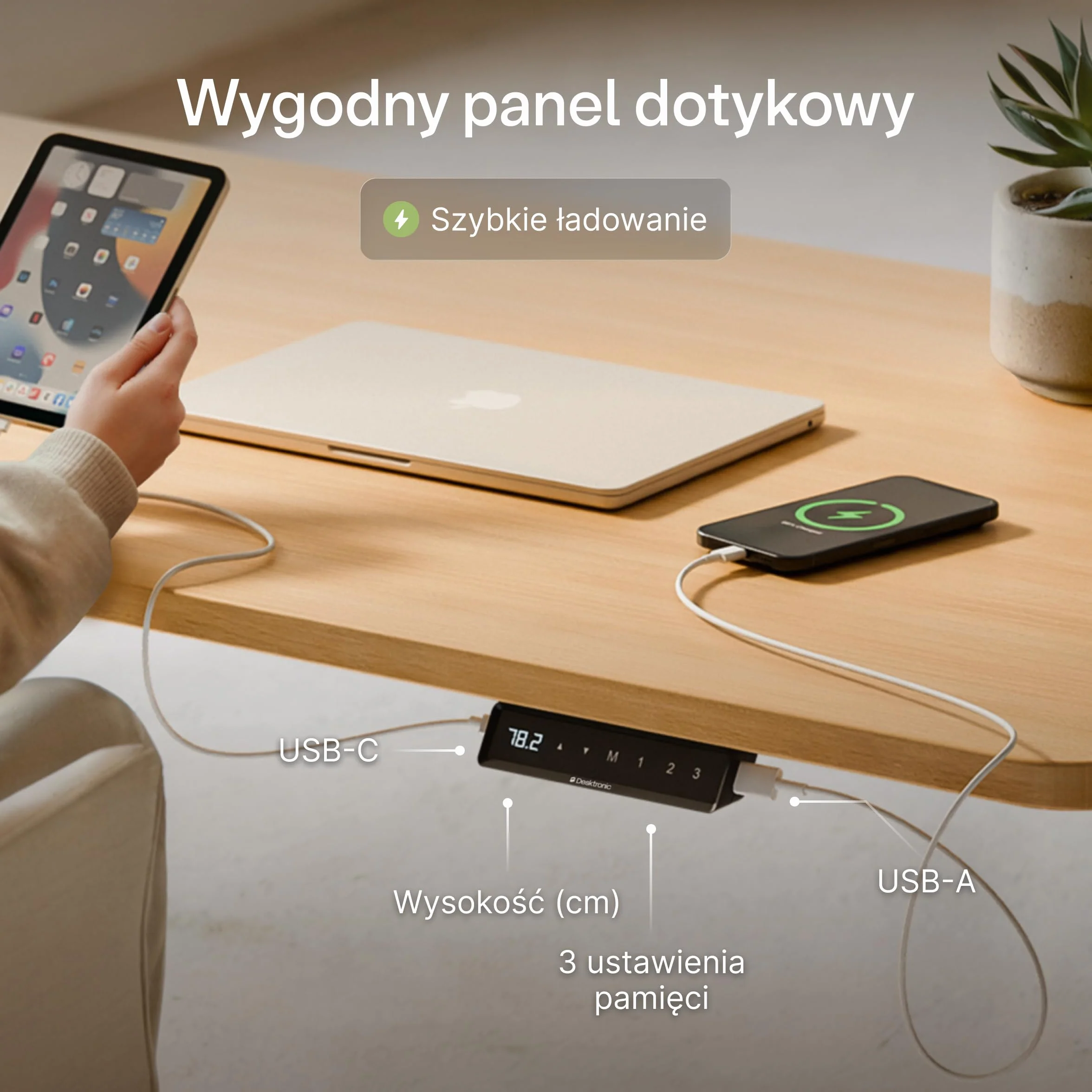 Desktronic biurko z regulacją wysokości (160 x 80 cm) – biurko do siedzenia i stania z gniazdami do ładowania – biurko z regulacją wysokości, elektryczny ekran dotykowy i stalowe nóżki