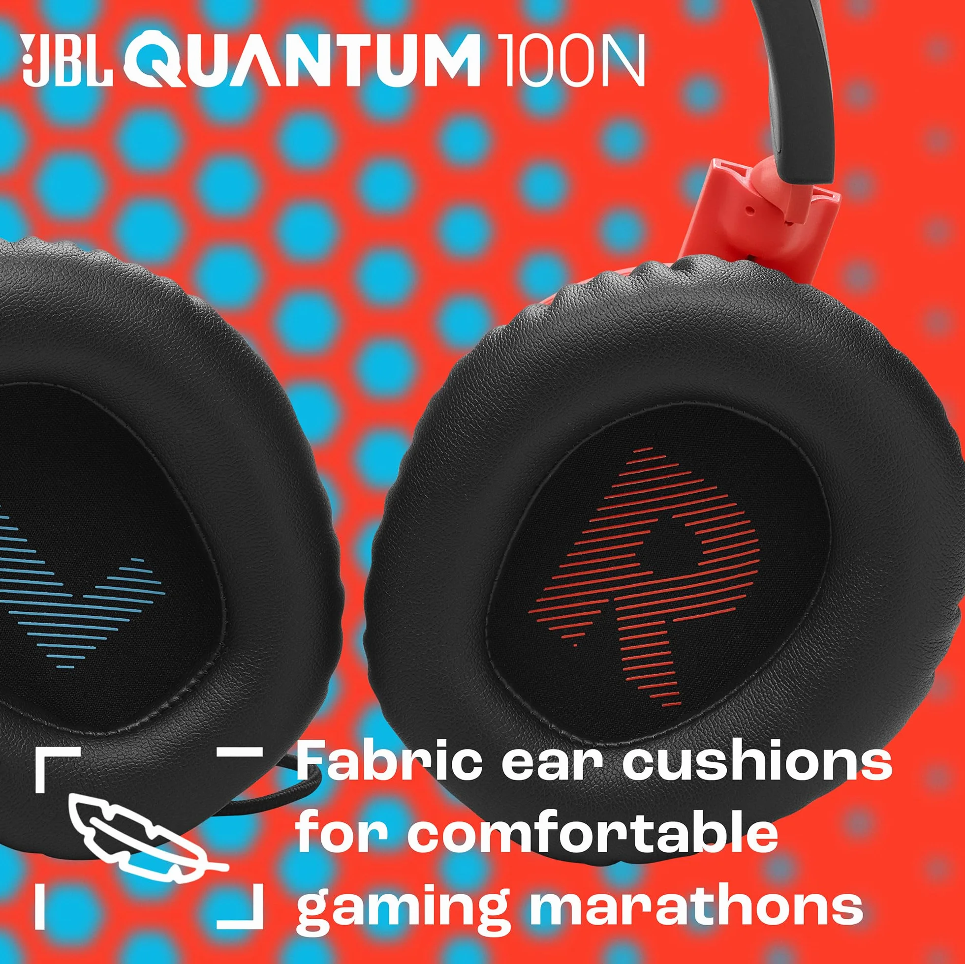 JBL Quantum 100 N Słuchawki Nauszne Przewodowe do Gier z Odchylanym Mikrofonem, JBL QuantumSURROUND, Kompatybilne z Wieloma Platformami i Dźwiękiem Przestrzennym Windows Sonic, Niebiesko-czerwone