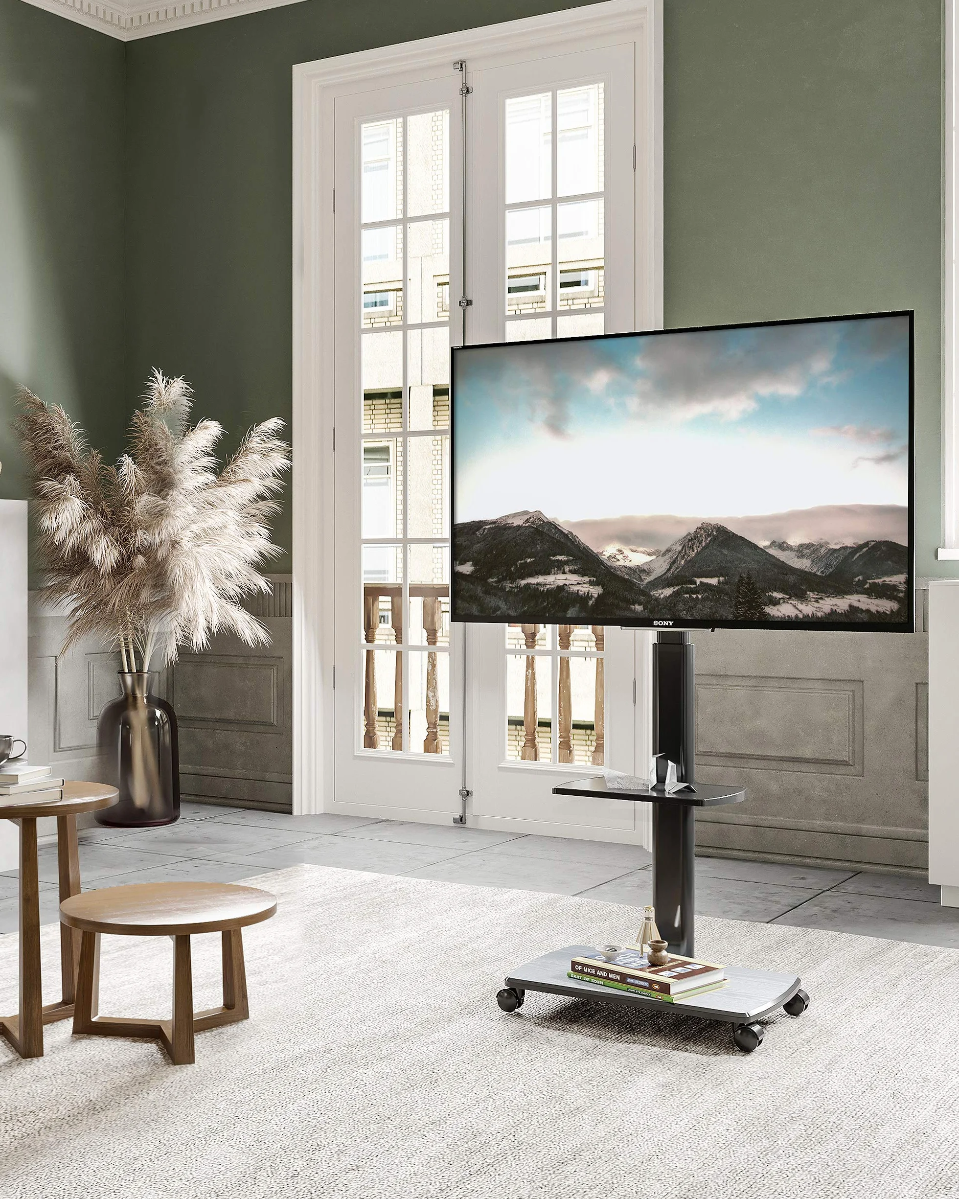 FITUEYES Mobilny stojak na telewizor na kółkach z drewnianą podstawą, do telewizora 32–70 cali, obrót o 60° i 6 wysokości, wysoki stojak na telewizor z półką, maks. VESA 600 x 400 mm, nośność 40 kg