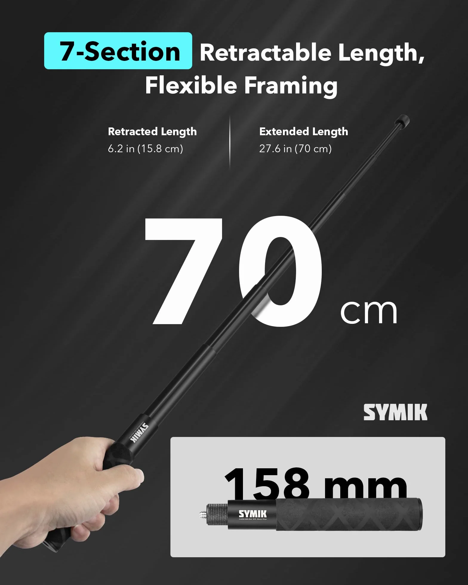SYMIK Niewidoczny kijek do selfie do Insta360 (70 cm/27,6 cala), przedłużacz ze stopu aluminium, przenośny, wysuwany statyw jednonożny do Insta 360 X5 X4 X3 ONE X2 do DJI Osmo 360