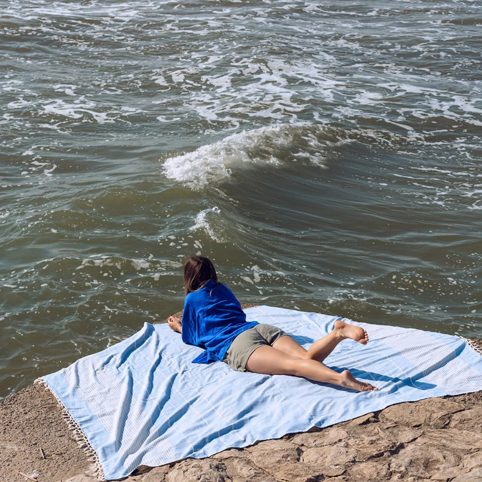 Fouta plażowa antypiaskowa XXL z frędzlami 100% bawełna 210x240 cm błękitny duży ręcznik plażowy koc piknikowy pareo