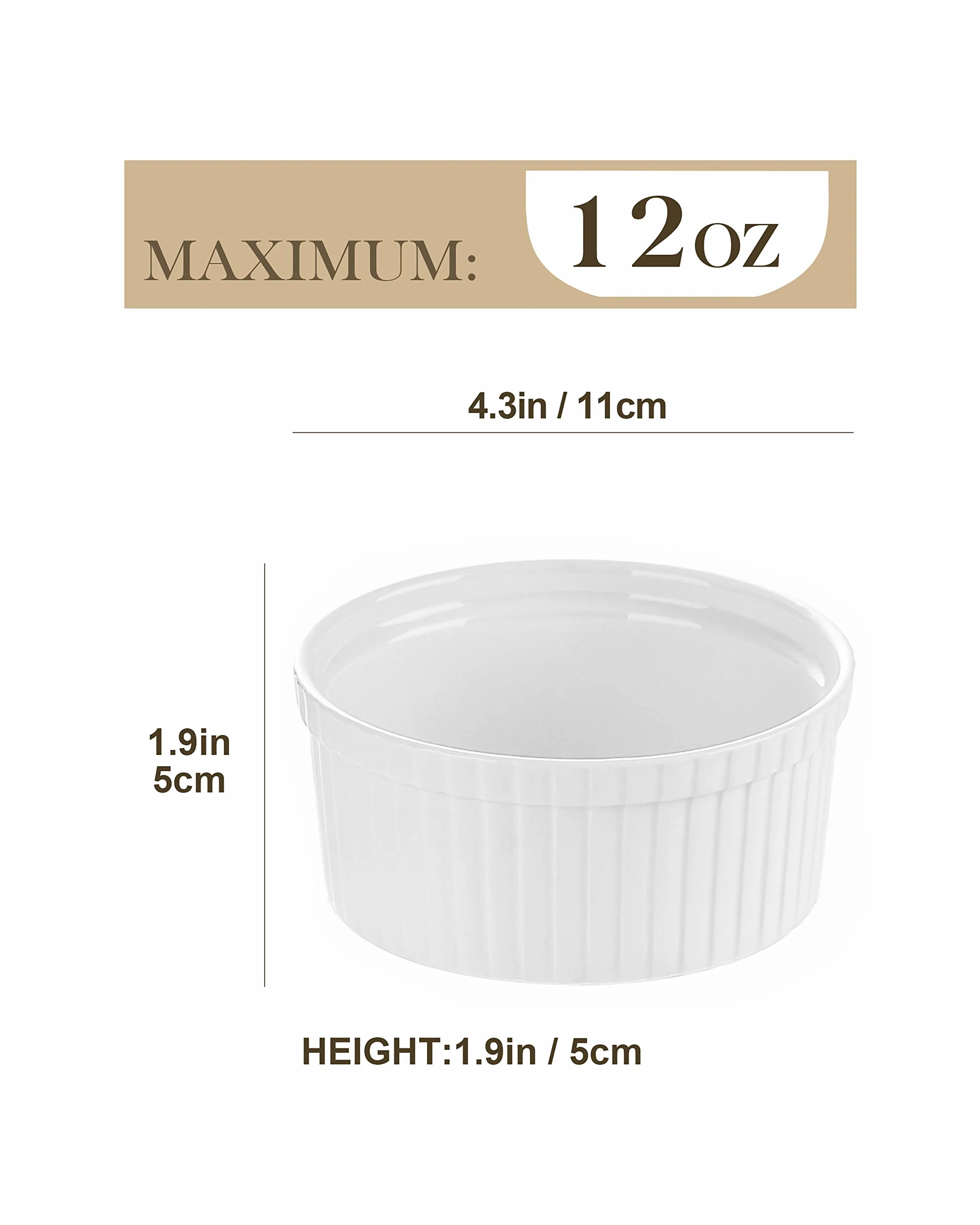 MALACASA Zestaw 12 misek 350 ml porcelanowe naczynia do sufletu ramekins kremowe białe kość słoniowa