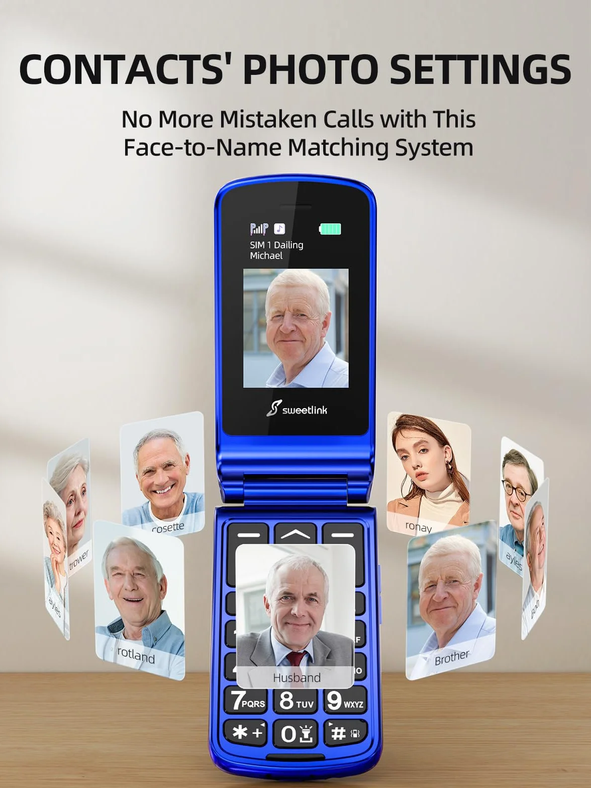 SweetLink Telefon komórkowy GSM dla seniorów, telefony komórkowe dla seniorów z klapką i dużymi przyciskami, telefony dla seniorów z kontaktami obrazkowymi, duża głośność, funkcja SOS