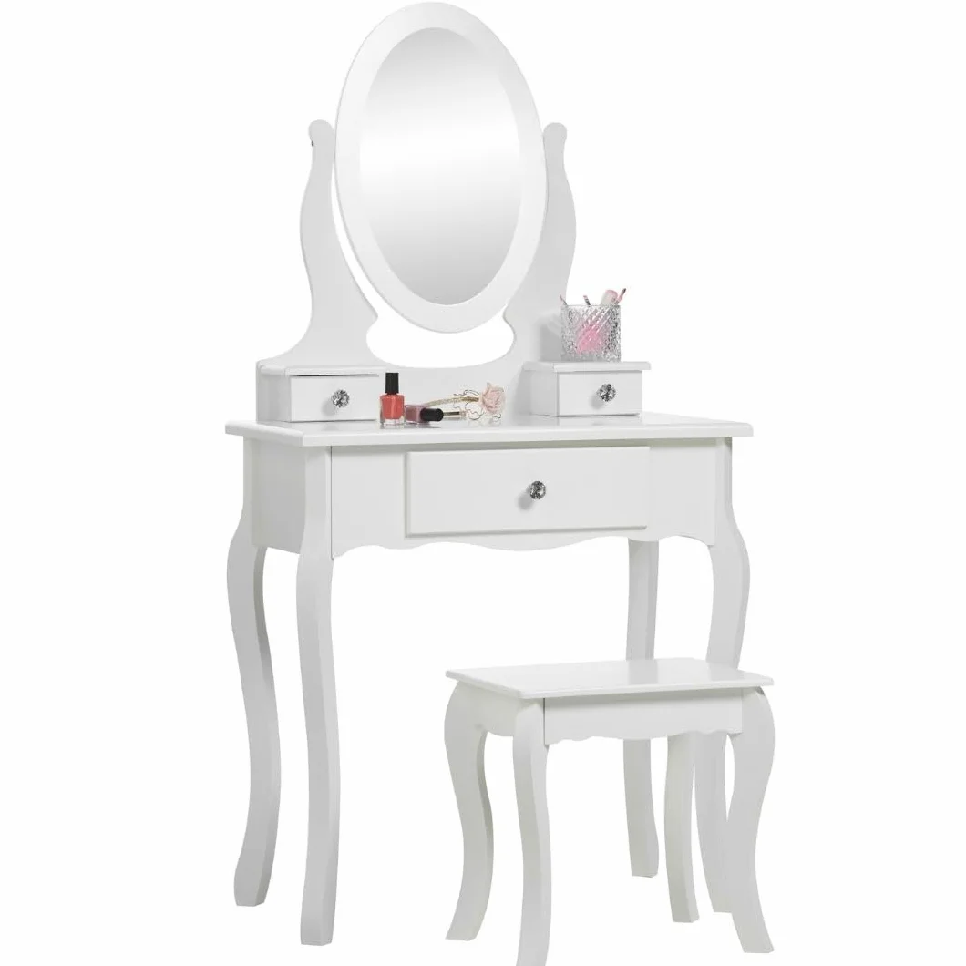 Toaletka dla Dziewczynki z Krzesełkiem i Lustrem Toaletka dla Dzieci z Białego Drewna, Toaletka dla Dziecka z Przeźroczystymi Uchwytami o Eleganckim Wykonaniu (8-13)