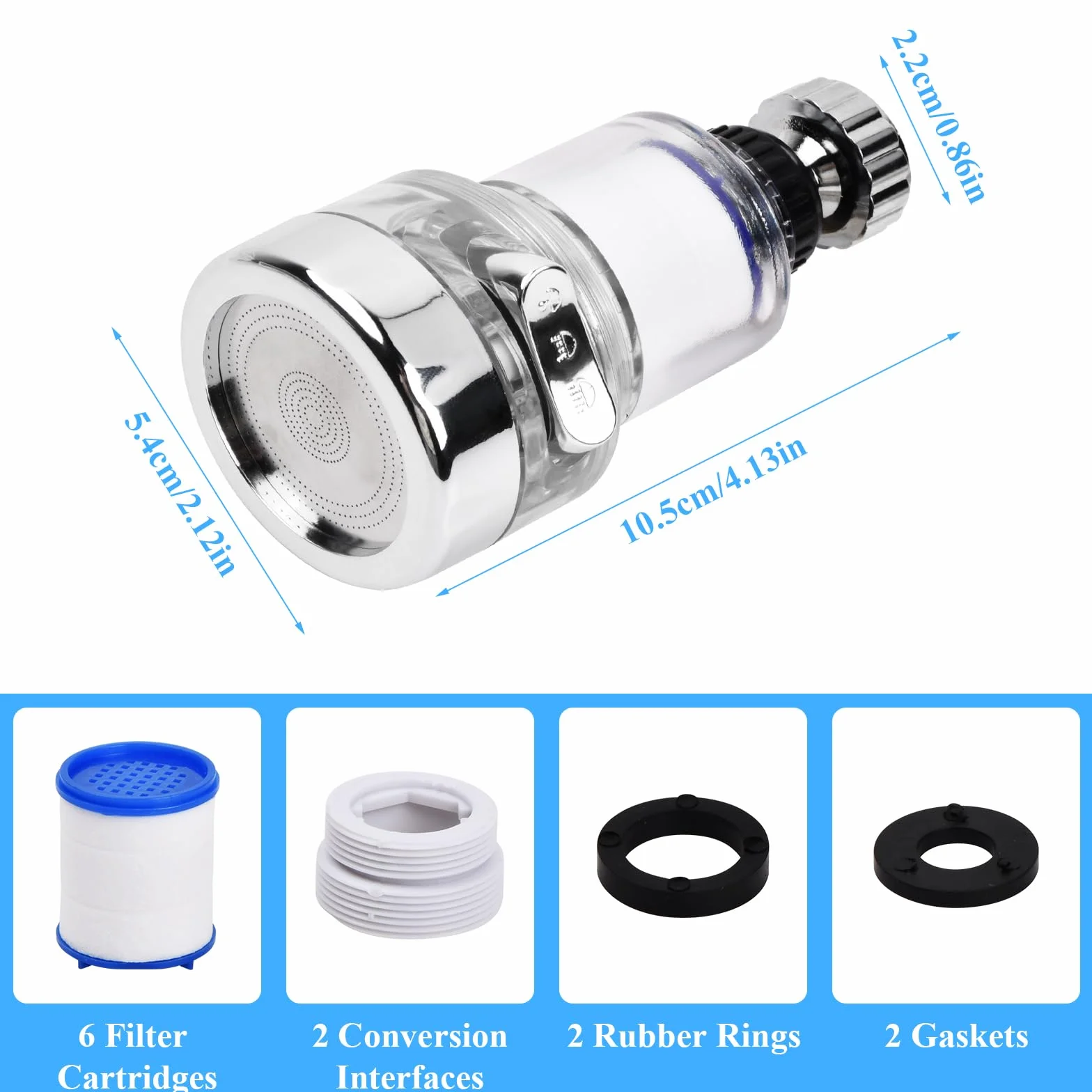 Filtr do wody z kranem, uzdatnianie wody pitnej, 2 sztuki 360°, filtr wody z 6 bawełnianymi elementami filtrującymi PP, filtr wapienny do kranów lub prysznica, kuchni, łazienki