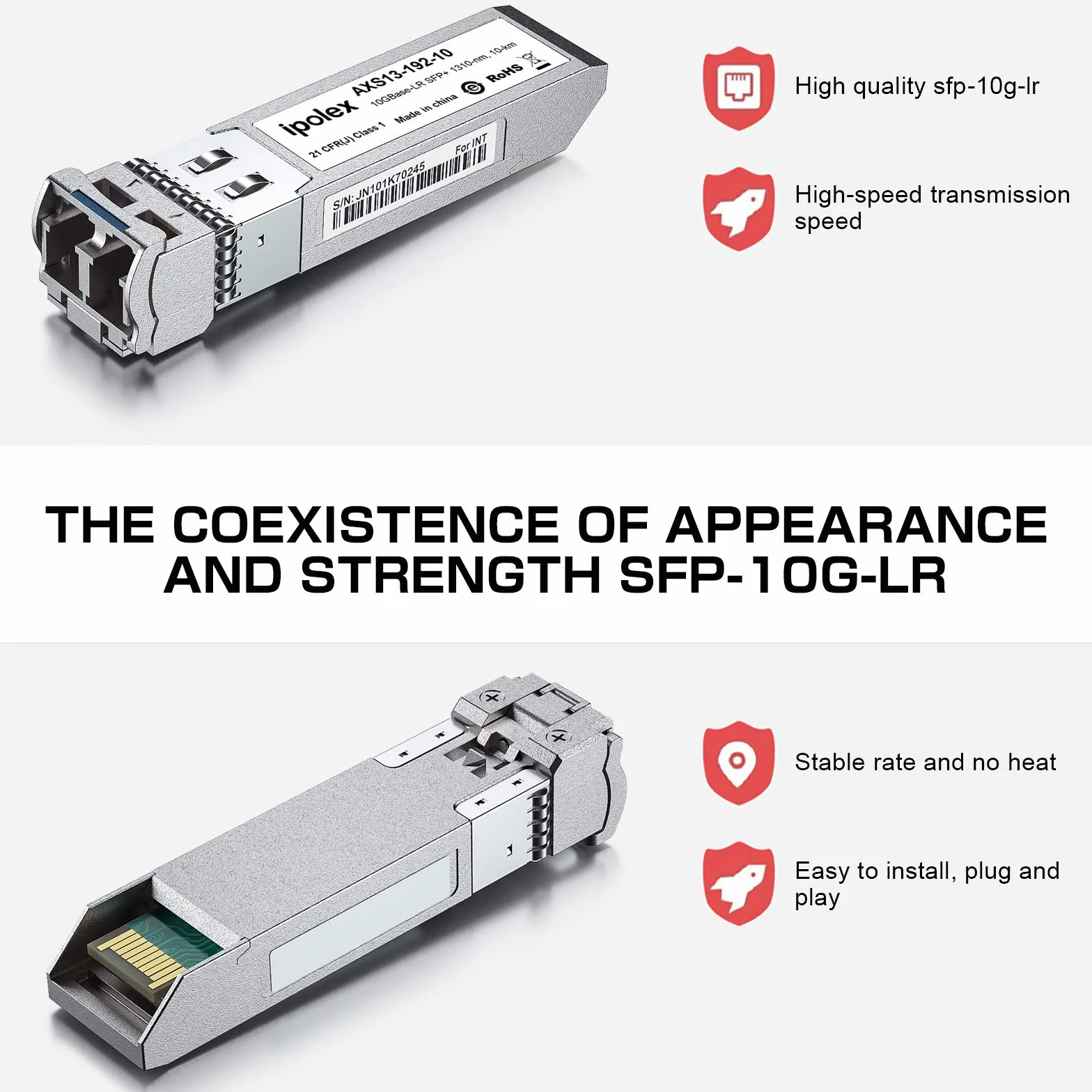 ipolex Transceiver 10G SFP+, 10GBase-LR 1310nm 10km LC jednomodowy moduł mini-Gbic kompatybilny z Aruba HP J9150A / J9150D. 2-pak