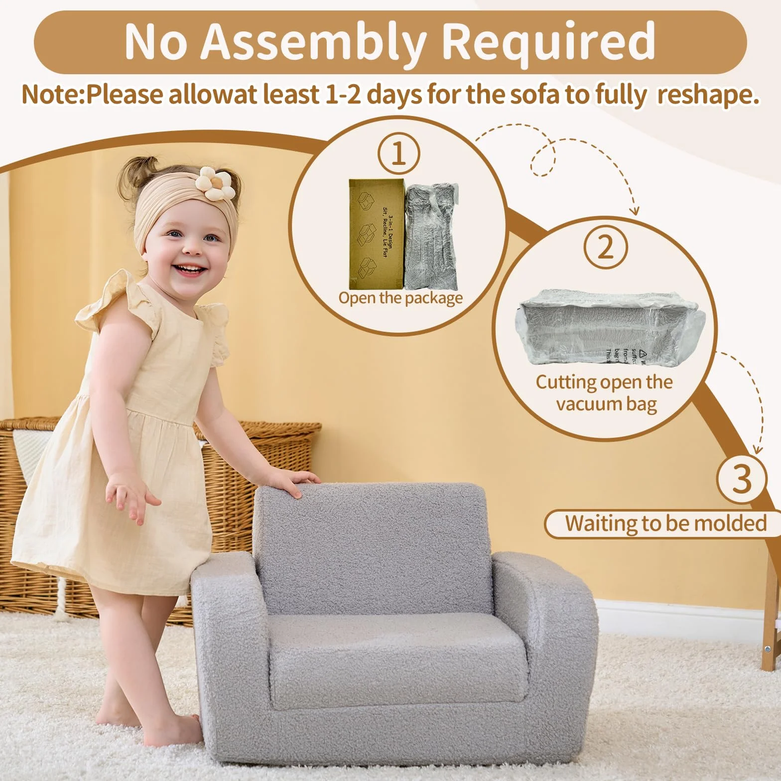 KidBloom Składany Fotelik Dziecięcy 3 w 1 Pluszowa Sofa Dla Maluchów od 1 Roku