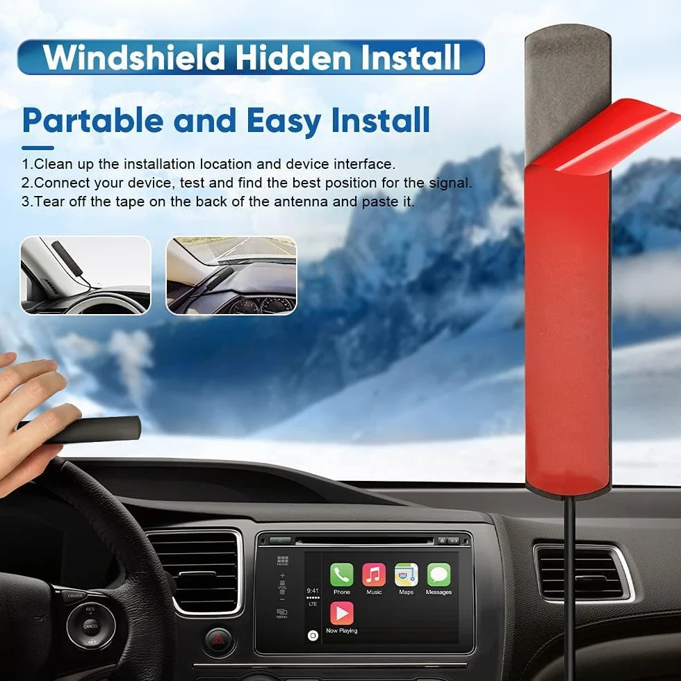 Bingfu Samochodowa antena radiowa FM Uniwersalna samochodowa antena stereo Wtyczka DIN Ukryta naklejka na przednią szybę z kablem przedłużającym 3 metry/9,84 stopy do pojazdu Auto Ciężarówka SUV Radio
