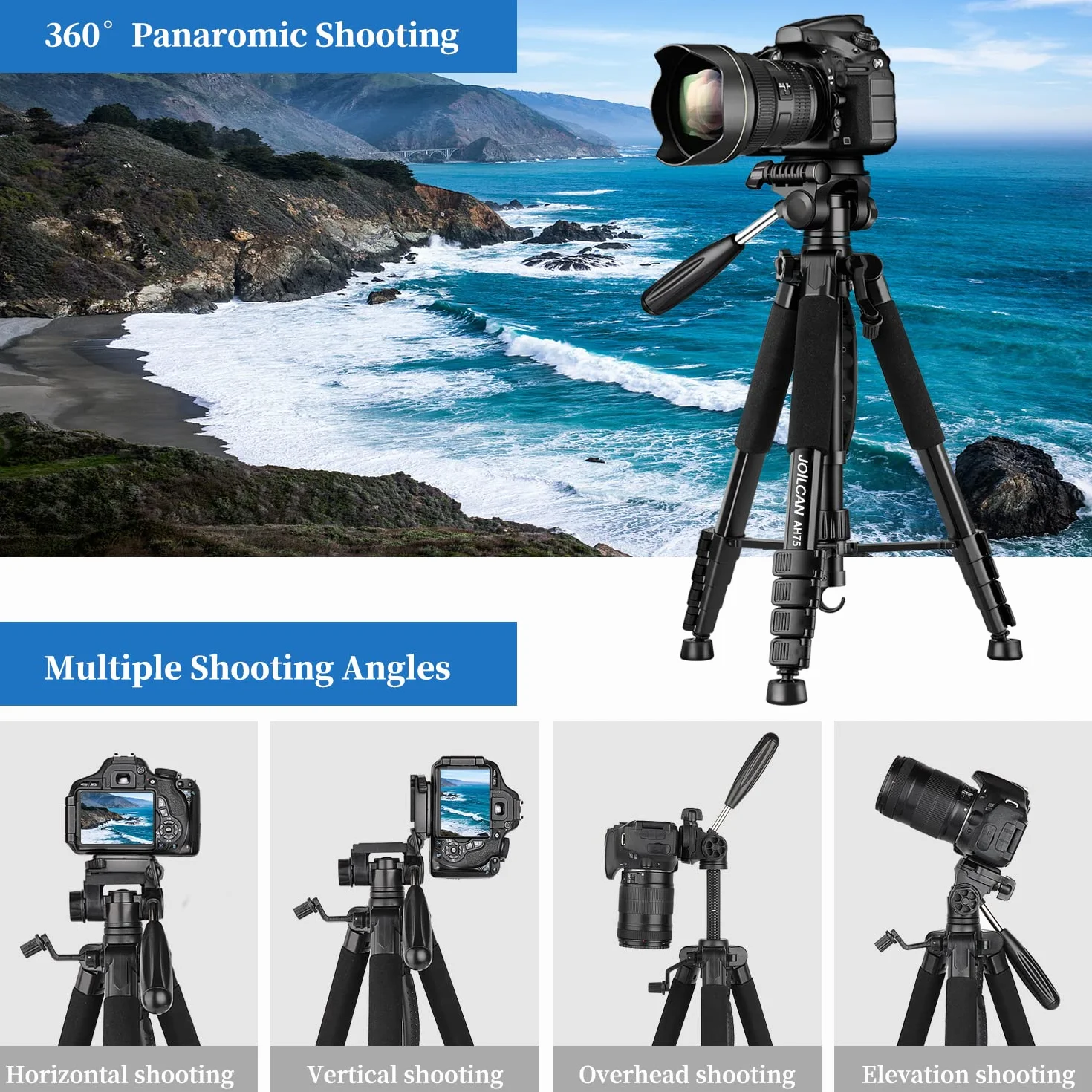 JOILCAN Statyw do aparatu 75 cali do Canon Nikon, lekki statyw DSLR z odłączaną głowicą i uniwersalnym uchwytem na telefon, wzmocniony aluminiowy wysoki statyw do Vlog maksymalne obciążenie 6,4 kg