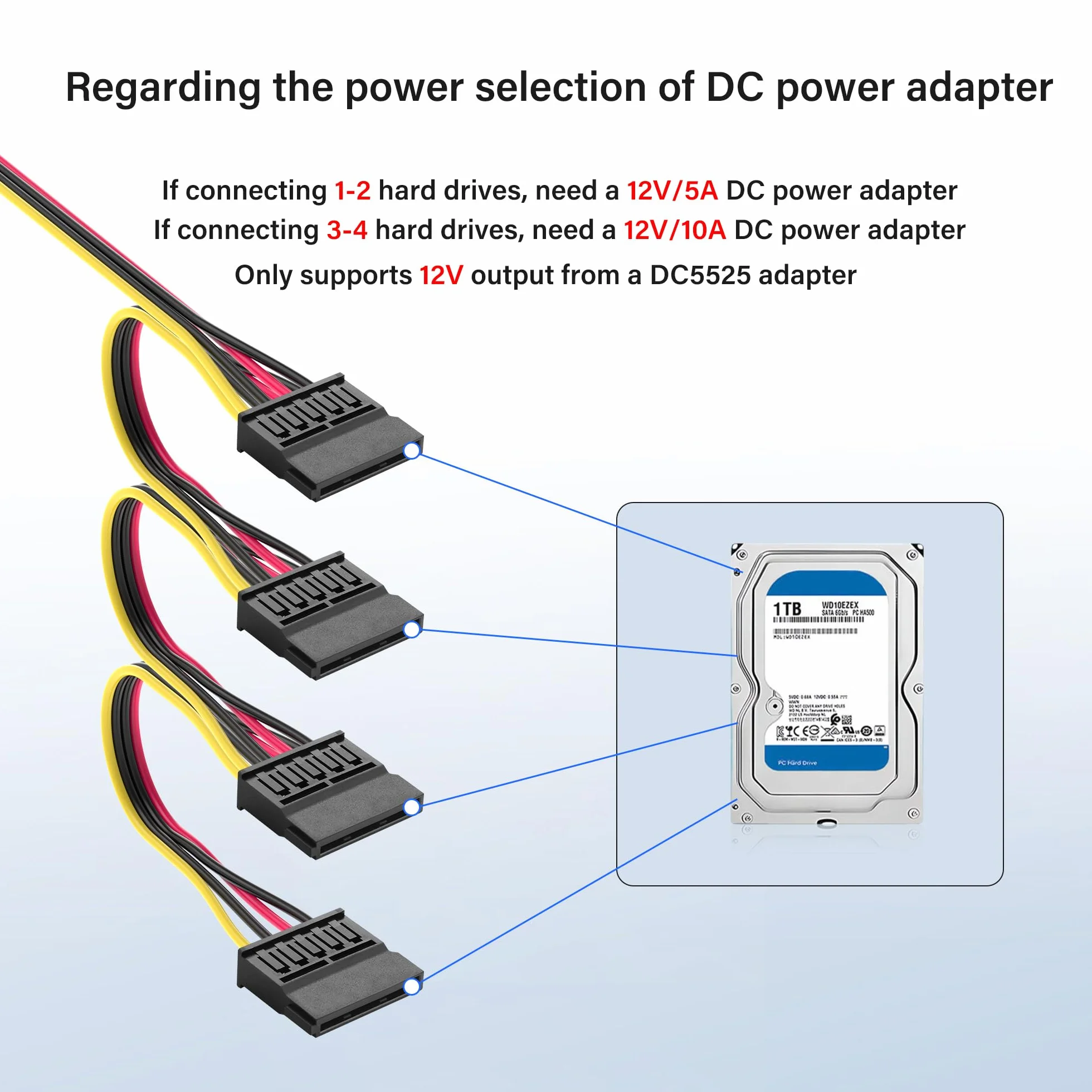 SinLoon DC5525 do SATA IDE kabel zasilający dysk twardy DC 5,5 x 2,5 mm żeński do żeńskiego kabla przedłużającego SATA z regulatorem napięcia obniżającego (1 do 4)