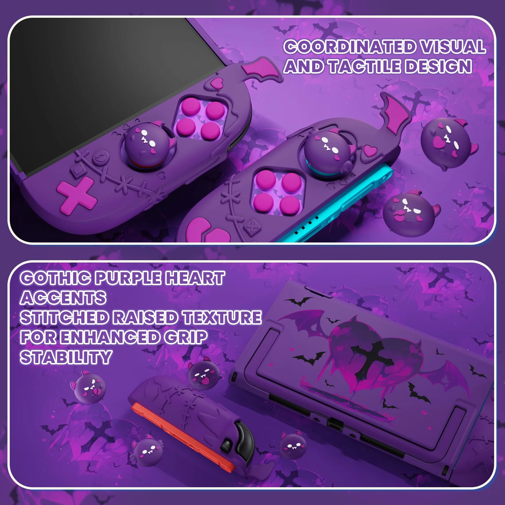 PlayVital Etui Ochronne do Switch 2 z Silikonowe Grip Joycon,Twarda Tylna Obudowa PC kompatybilna z Dockiem,Nakładki na Joysticki i Naklejki,Akcesoria do Switch 2-Fioletowy,Seria Gothic Imp