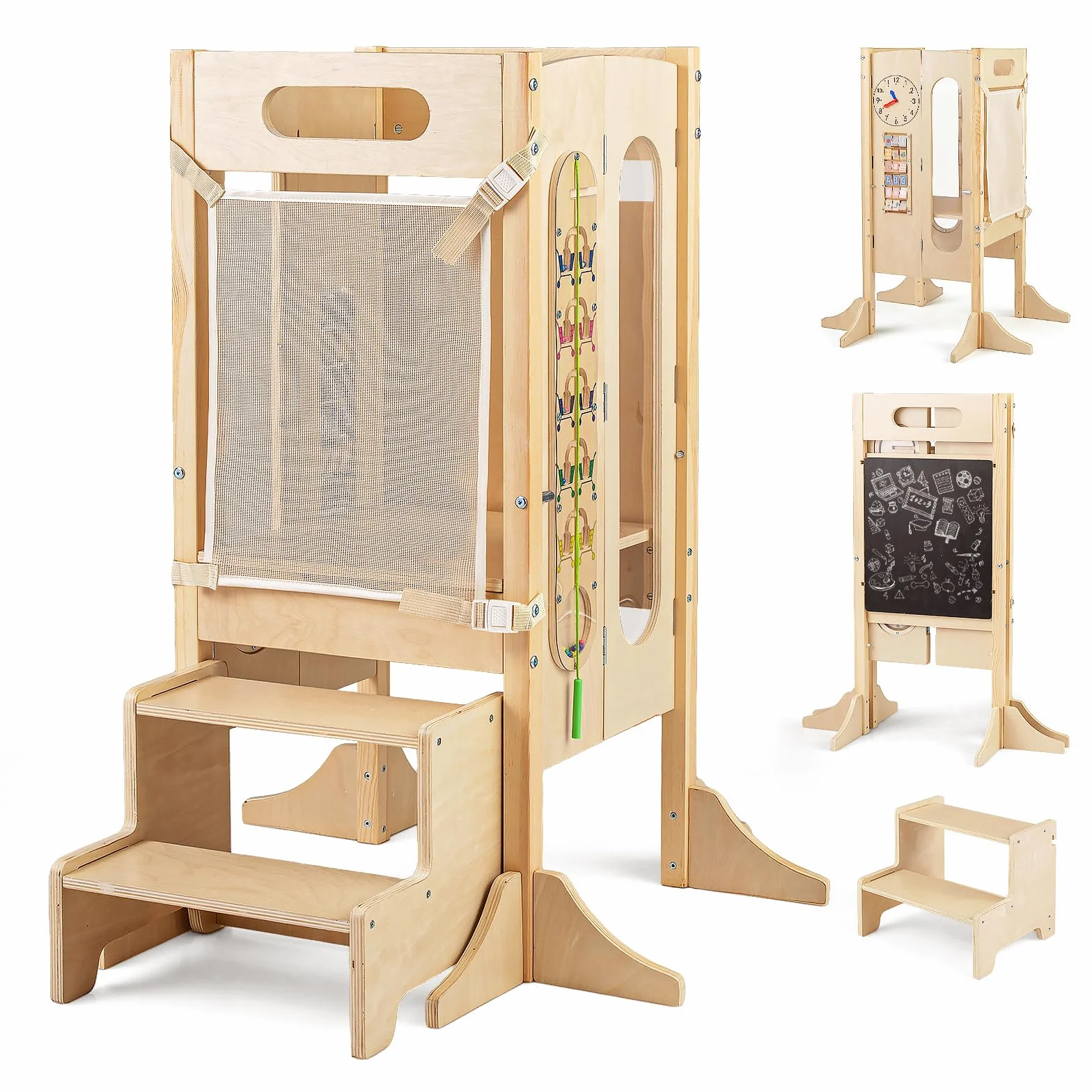 COSTWAY Wieża edukacyjna 4 w 1, składana, taboret z drewna z 2-stopniowym taboretem, tablicą i zdejmowaną siatką zabezpieczającą, Learning Tower Montessori, stołek dla dzieci od 3 lat, kolor naturalny